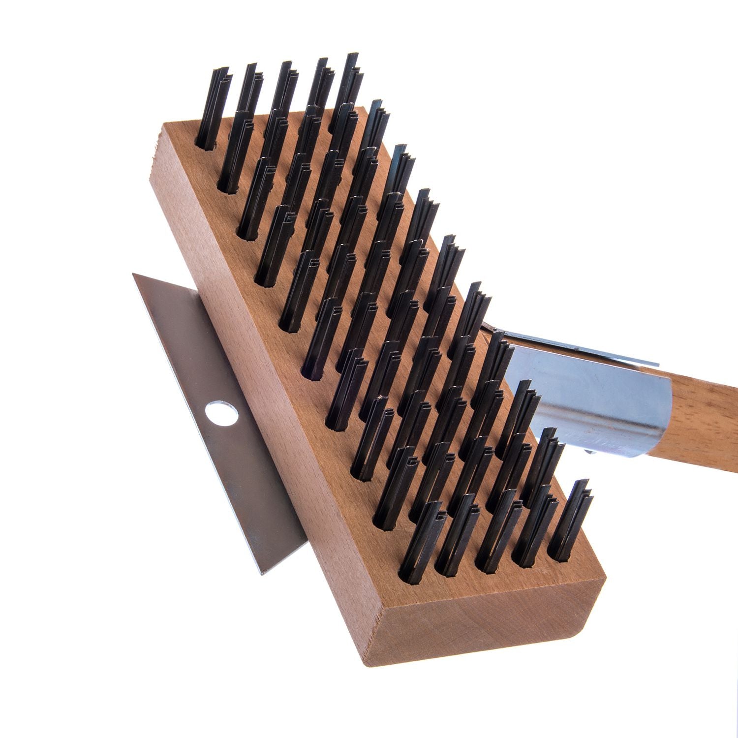 Carlisle Sparta Broiler Master Grill Brush and Scraper with Handle, Metal Bristles, 30", Natural Wood Handle