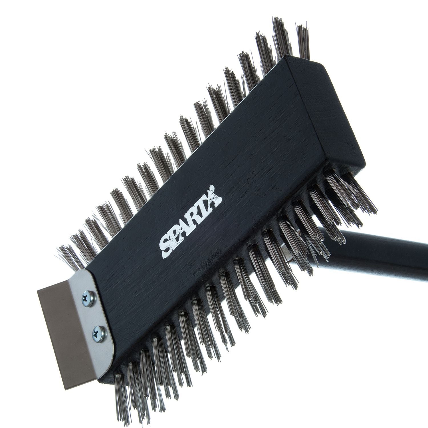 Carlisle Sparta Broiler Master Grill Brush and Scraper with Handle, Metal Bristles, 30.5" Black Wood Handle