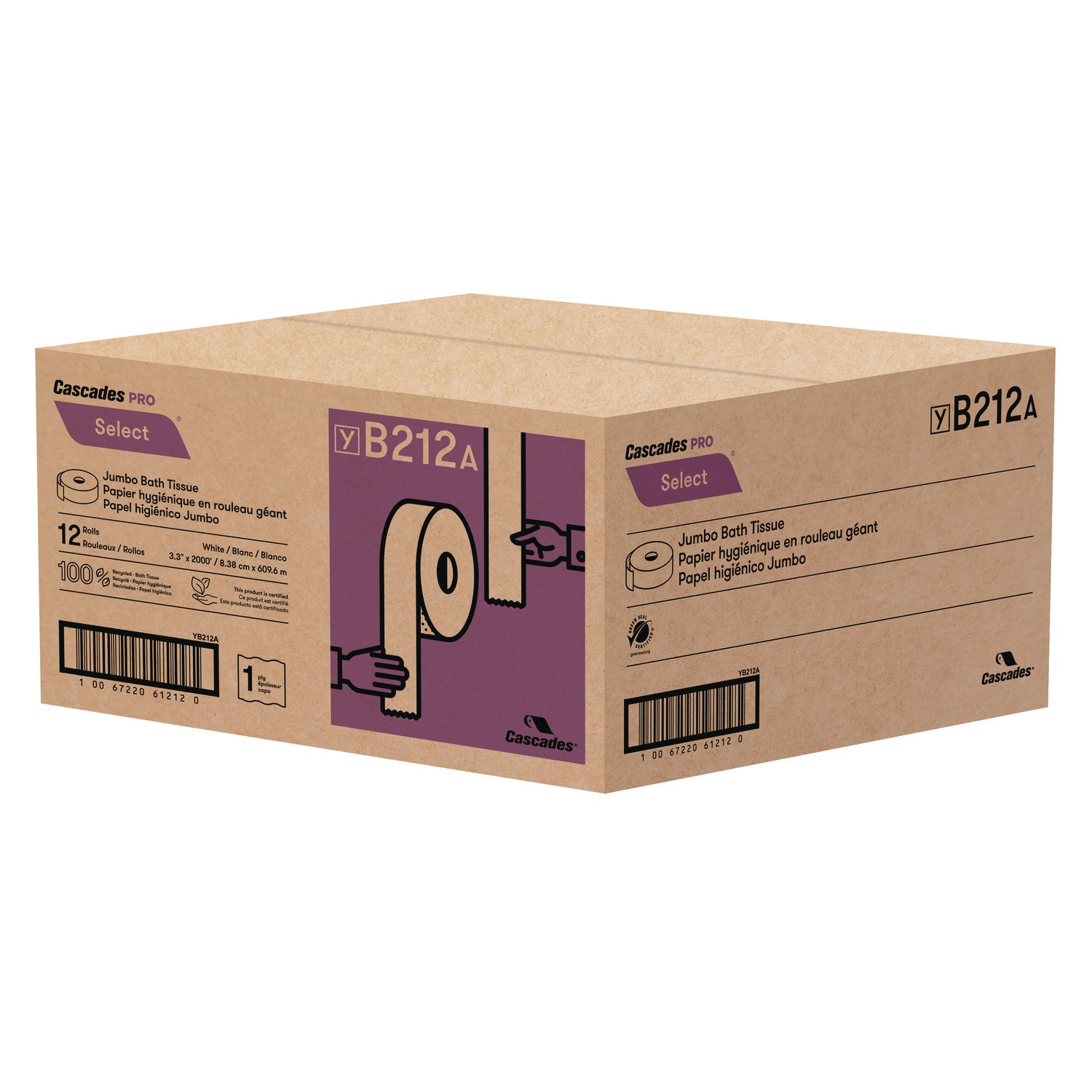 Cascades PRO Select Jumbo Bath Tissue, Septic-Safe, 1-Ply, White, 3.3" x 2,000 ft, 12 Rolls/Carton