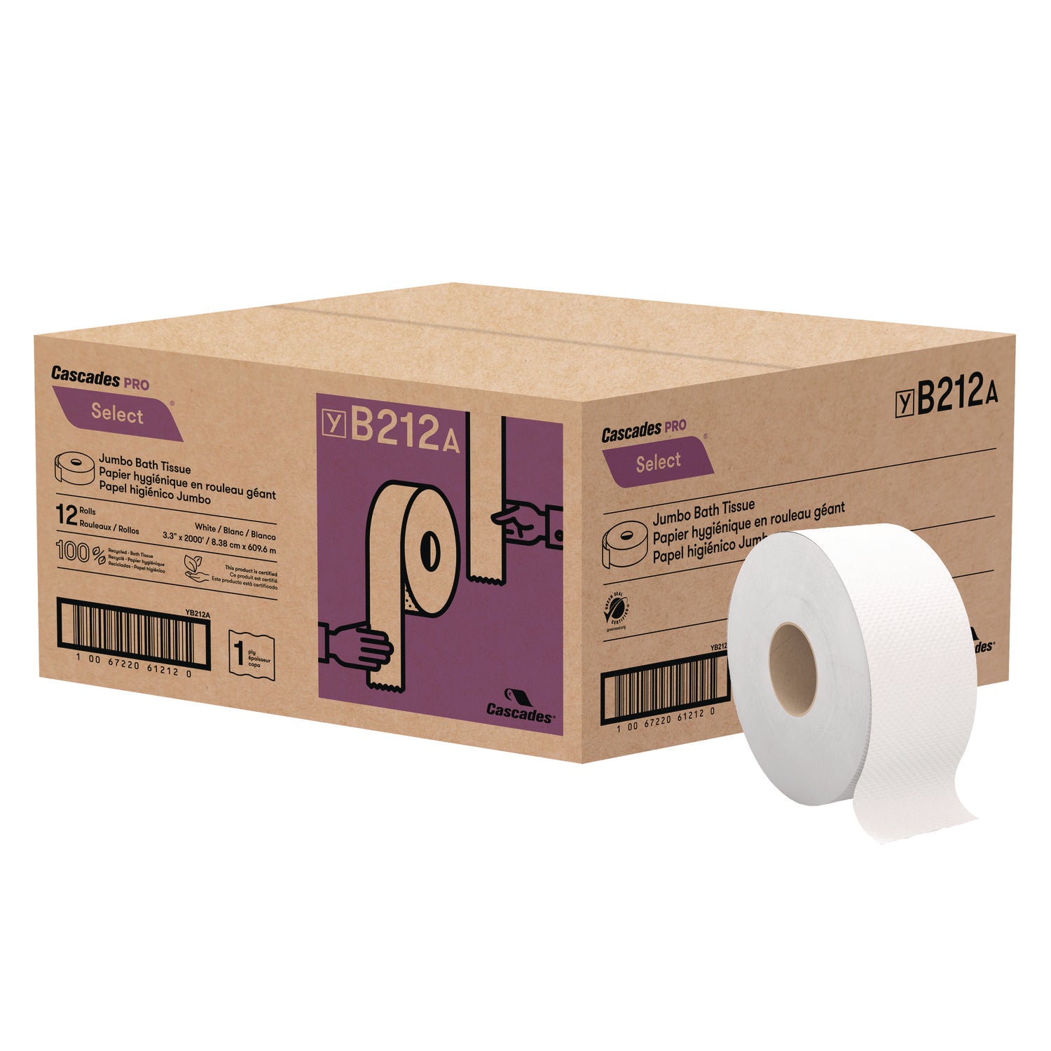 Cascades PRO Select Jumbo Bath Tissue, Septic-Safe, 1-Ply, White, 3.3" x 2,000 ft, 12 Rolls/Carton