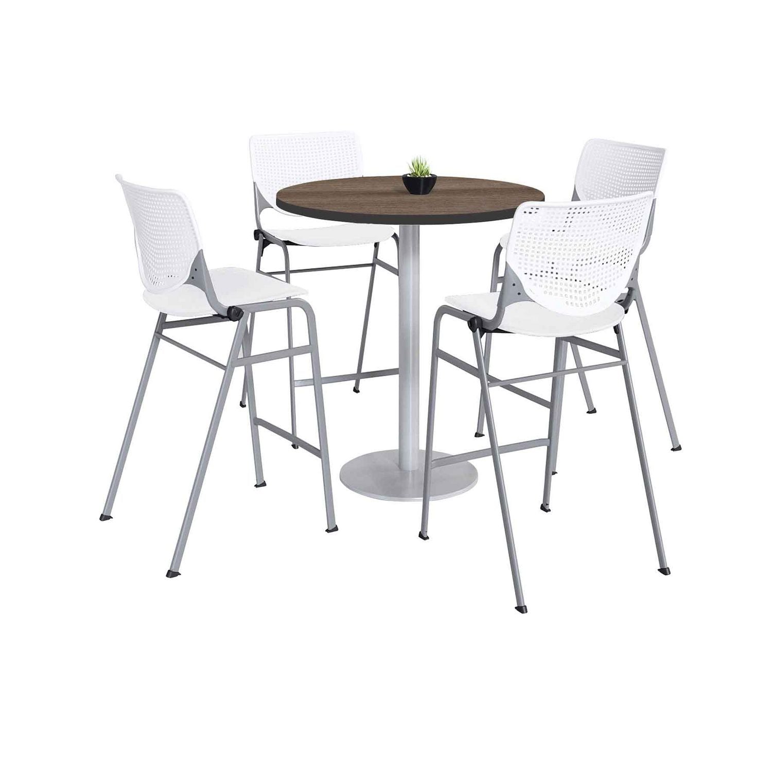 Pedestal Bistro Table with Four White Kool Series Barstools, Round, 36" Dia x 41h, Studio Teak