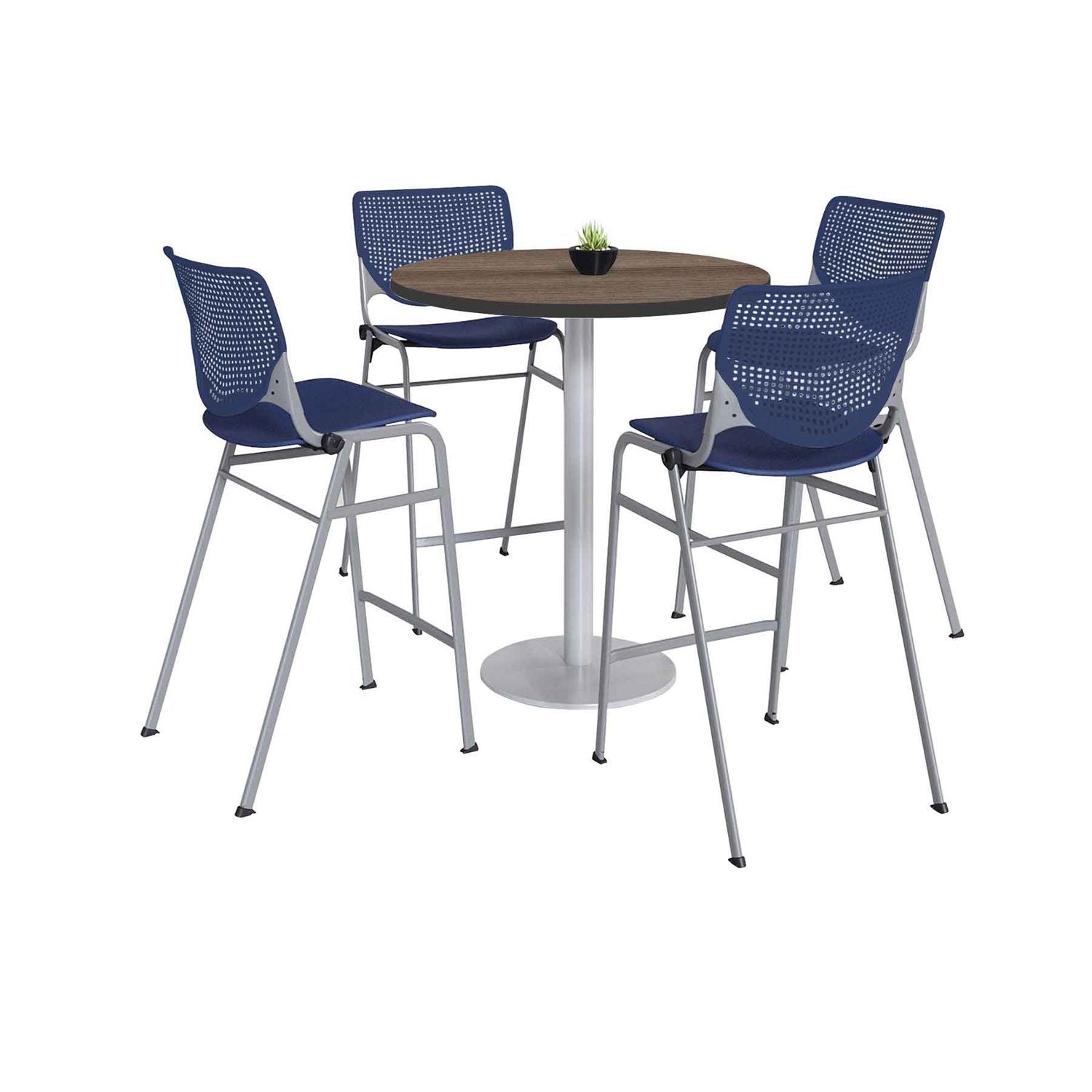 Pedestal Bistro Table with Four Navy Kool Series Barstools, Round, 36" Dia x 41h, Studio Teak