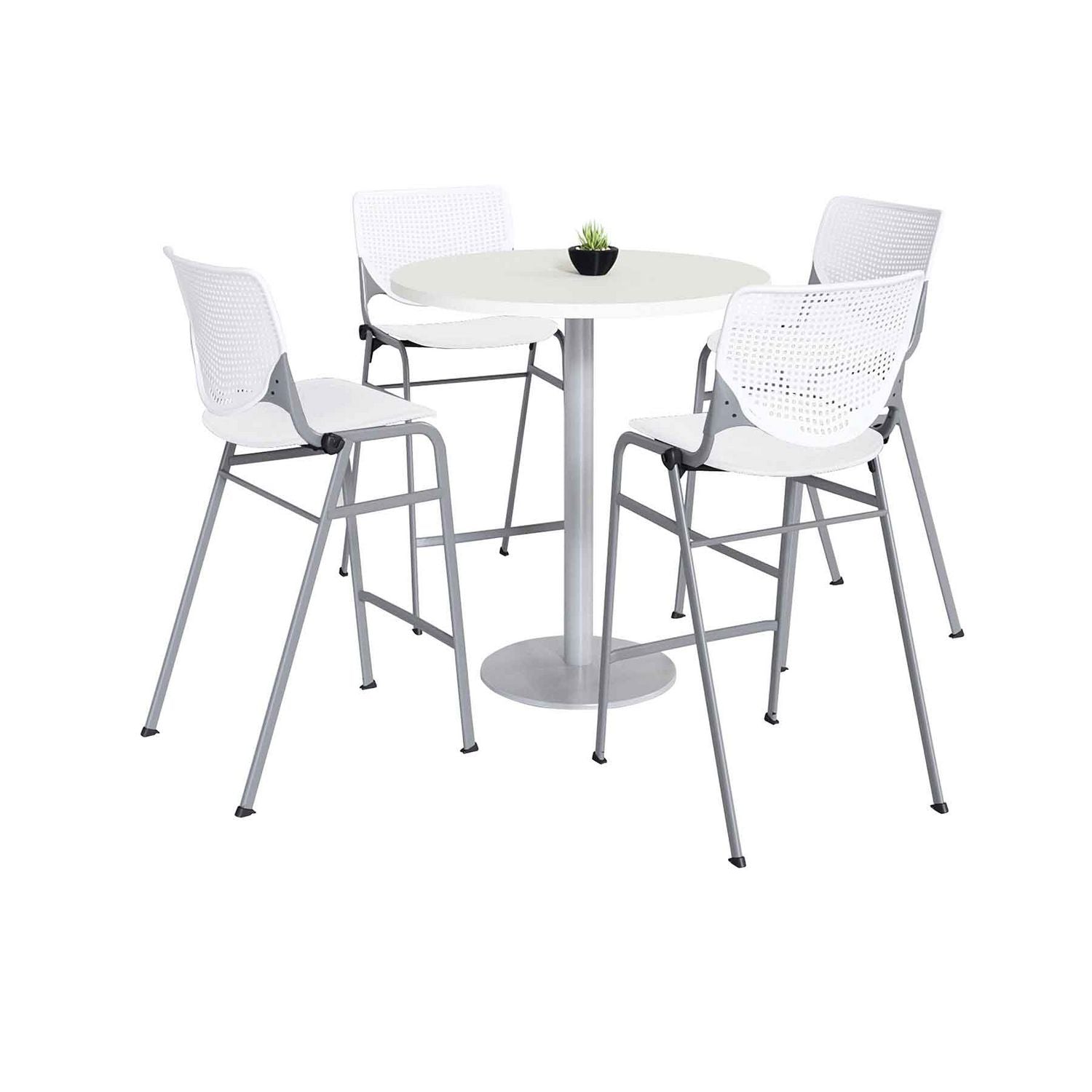 Pedestal Bistro Table with Four White Kool Series Barstools, Round, 36" Dia x 41h, Designer White