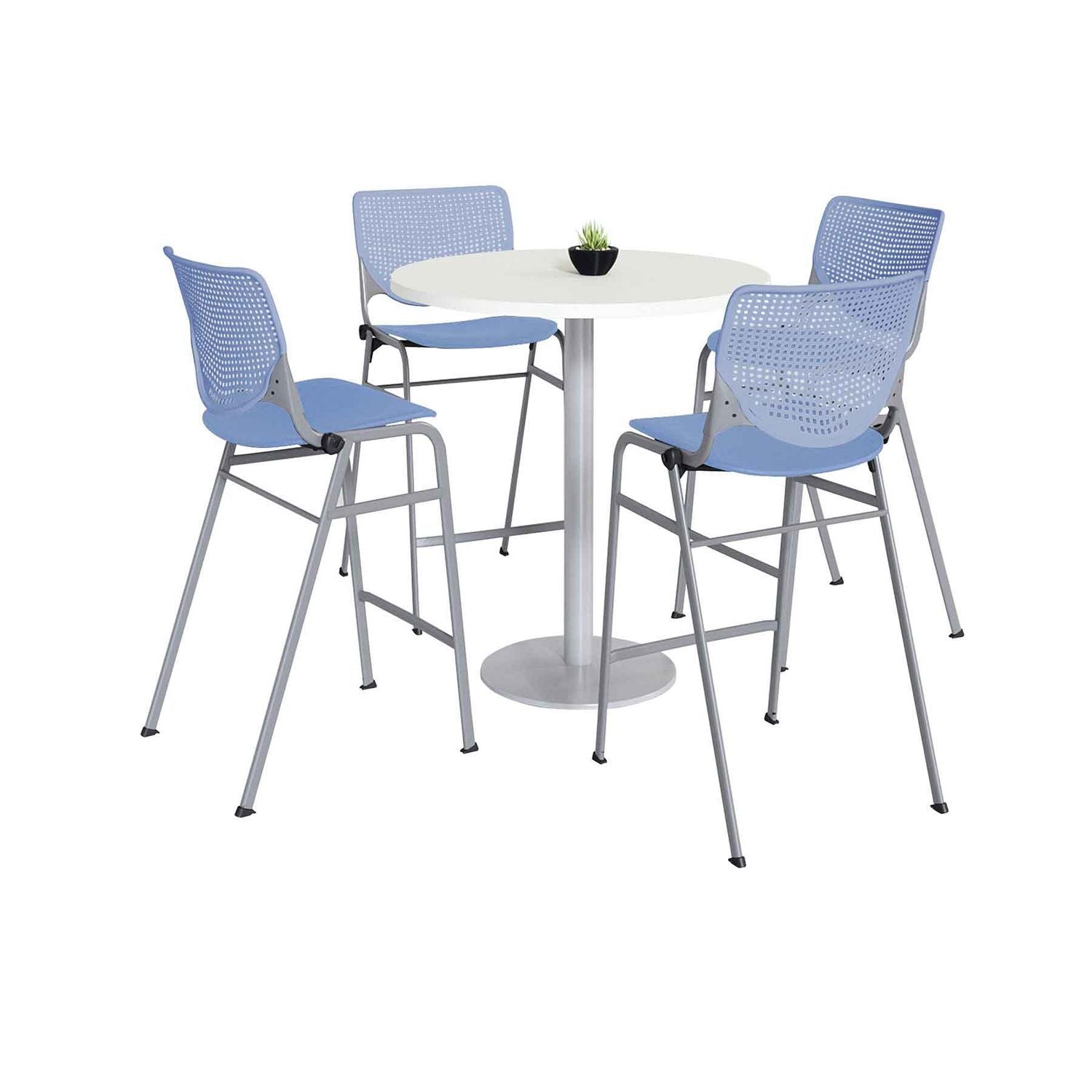 Pedestal Bistro Table with Four Periwinkle Kool Series Barstools, Round, 36" Dia x 41h, Designer White