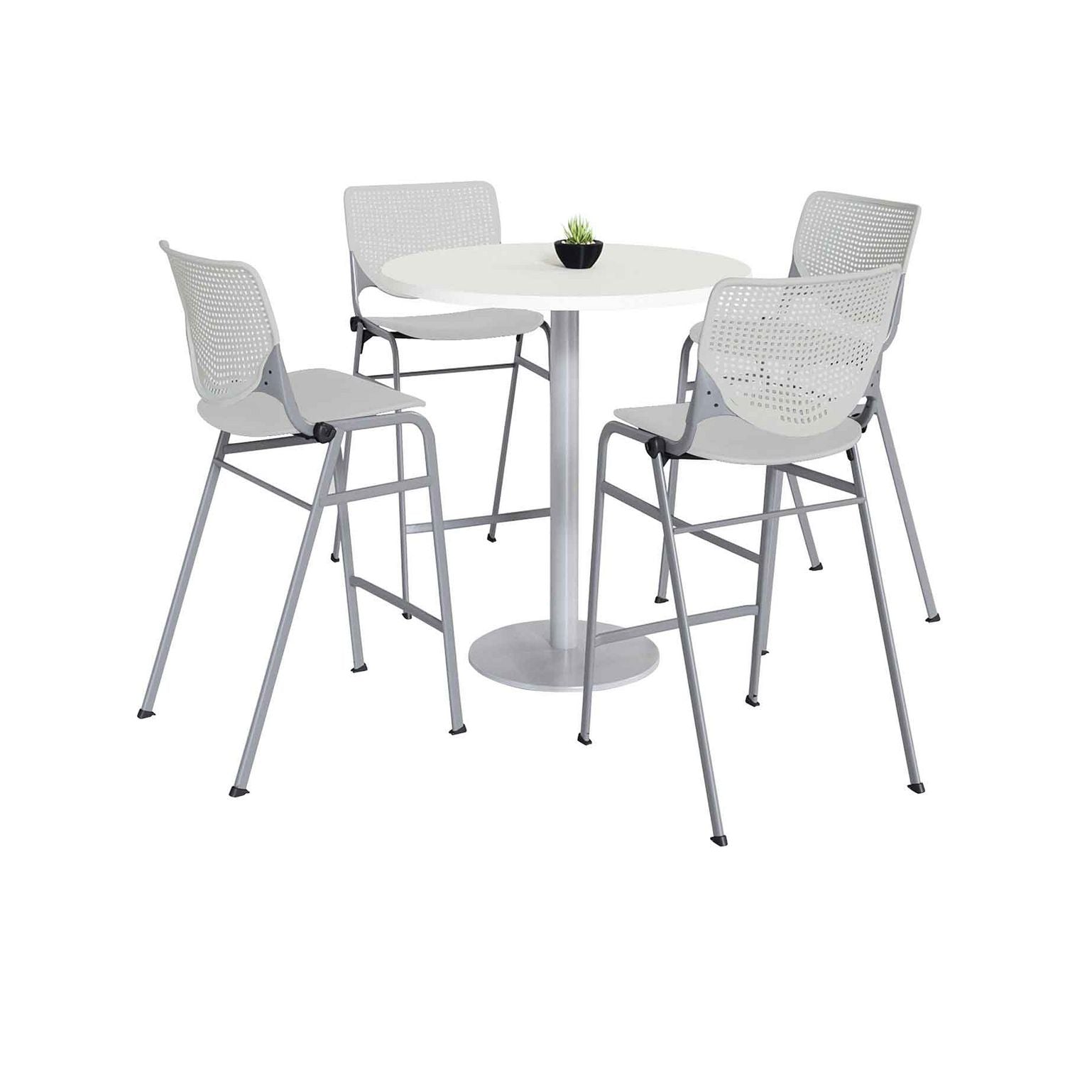 Pedestal Bistro Table with Four Light Gray Kool Series Barstools, Round, 36" Dia x 41h, Designer White