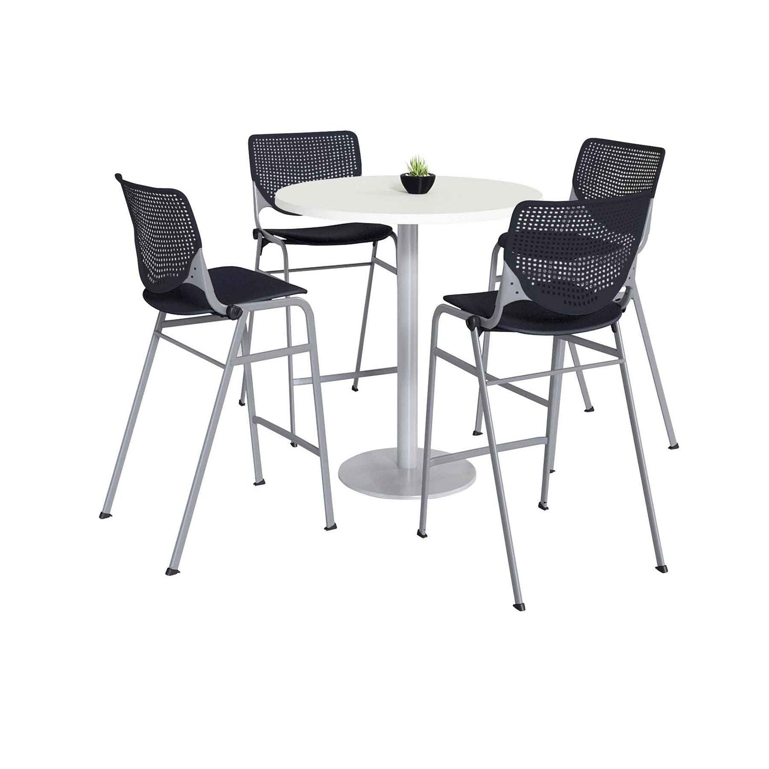 Pedestal Bistro Table with Four Black Kool Series Barstools, Round, 36" Dia x 41h, Designer White