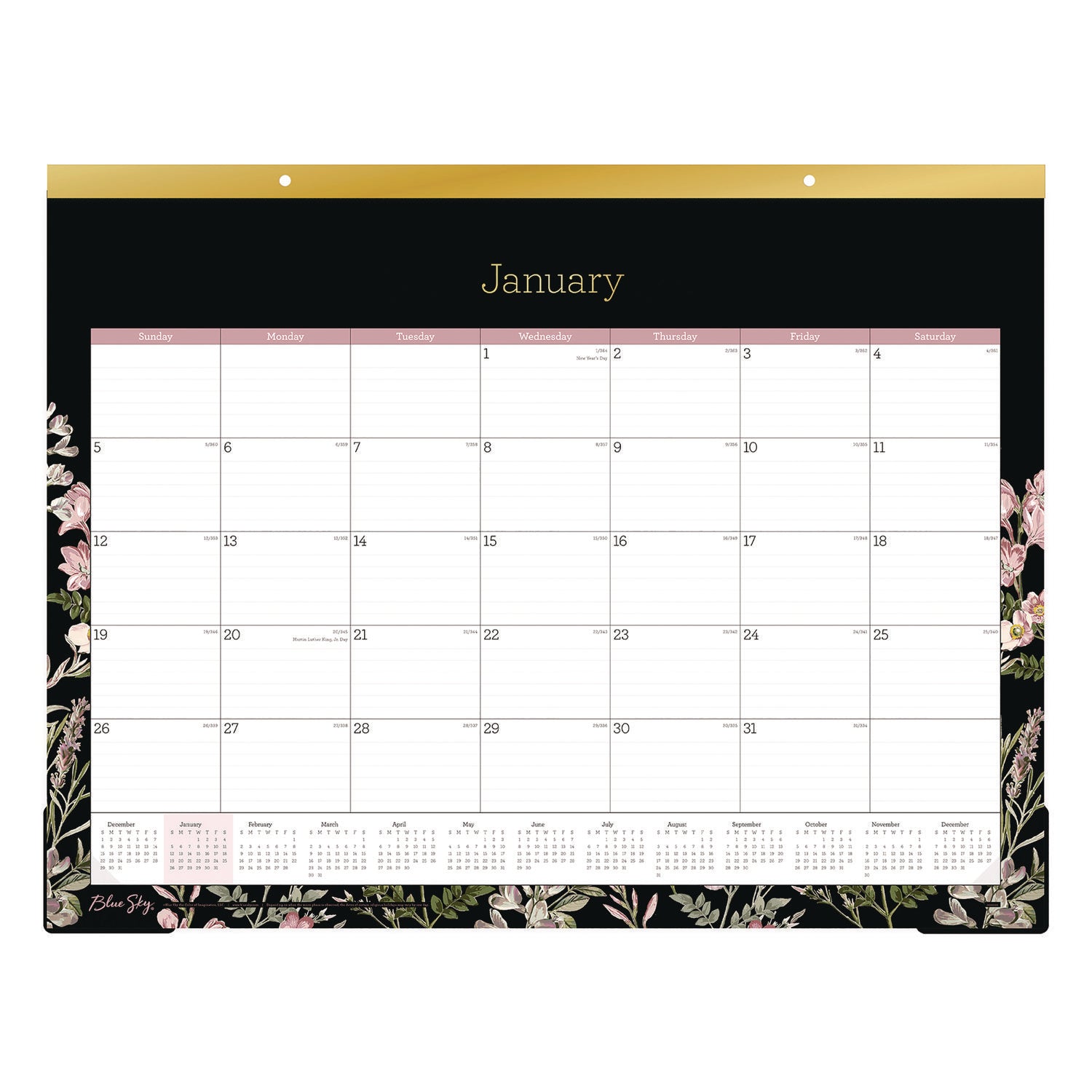 Neveah Monthly Desk Pad Calendar, Floral Artwork, 22" x 17", White/Black/Pink Sheets, Gold Headband, 12-Month (Jan-Dec): 2025