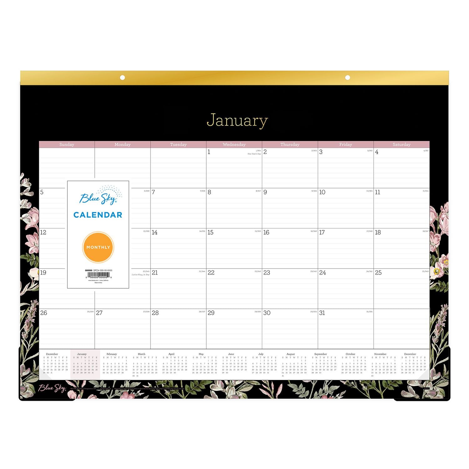 Neveah Monthly Desk Pad Calendar, Floral Artwork, 22" x 17", White/Black/Pink Sheets, Gold Headband, 12-Month (Jan-Dec): 2025 Blue Sky® Flipcost