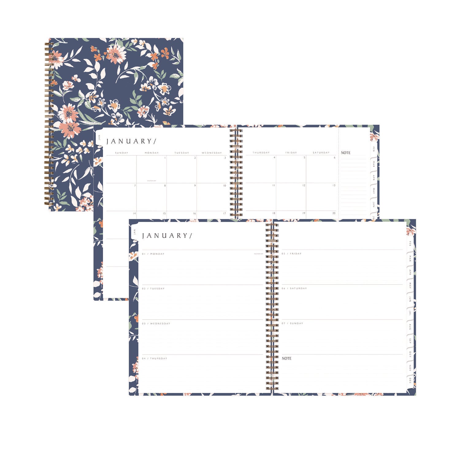 One Tree Planted Effie Weekly/Monthly Planner, Floral Artwork, 11" x 8.5", Blue/Peach/Green Cover, 12-Month (Jan-Dec): 2025