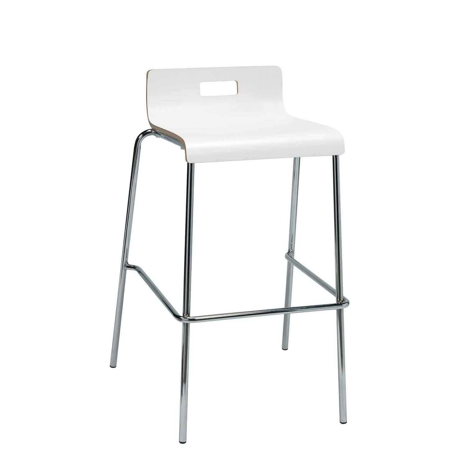 KFI Studios Pedestal Bistro Table with Four White Jive Series Barstools, Round, 36" Dia x 41h, Studio Teak