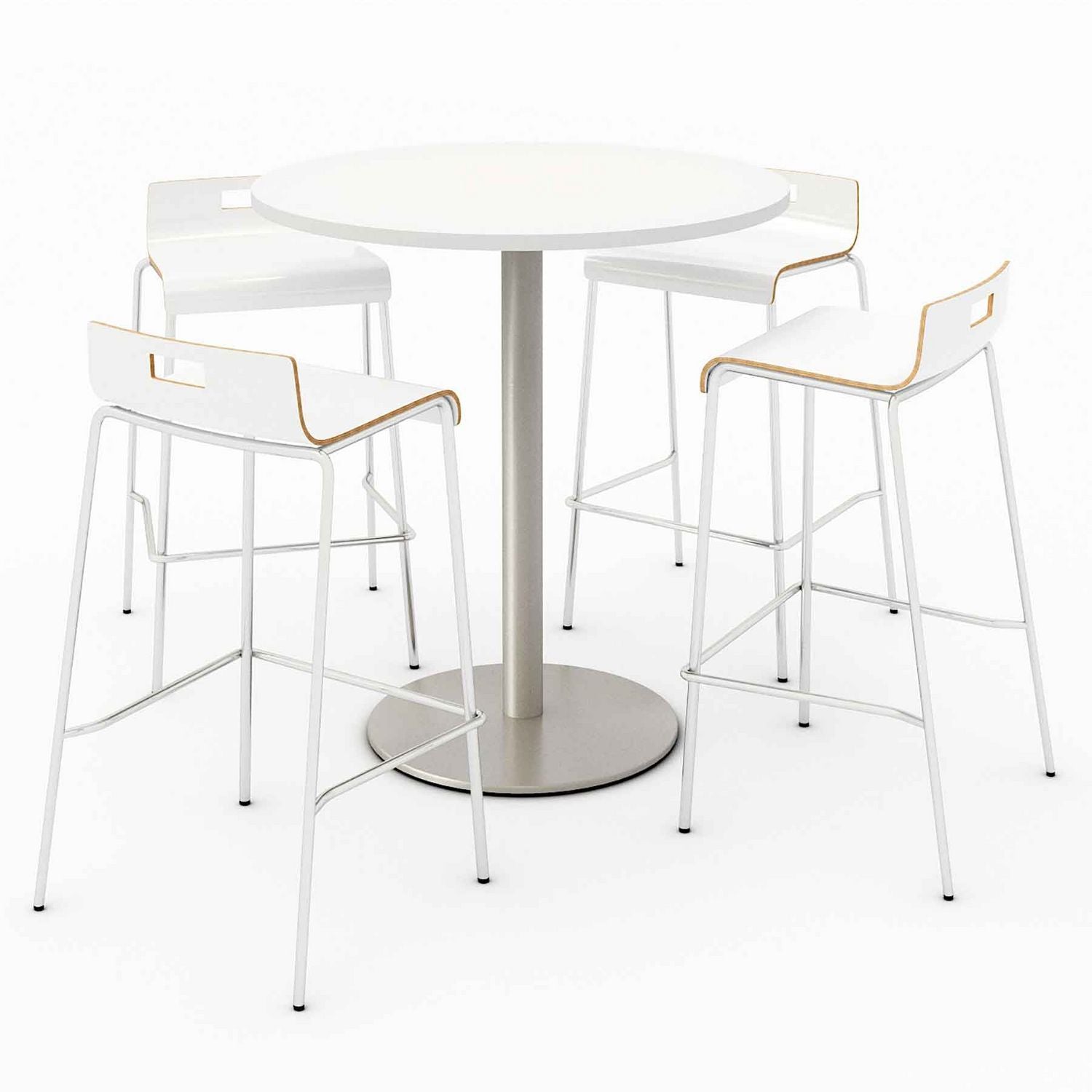 Pedestal Bistro Table with Four White Jive Series Barstools, Round, 36" Dia x 41h, Designer White