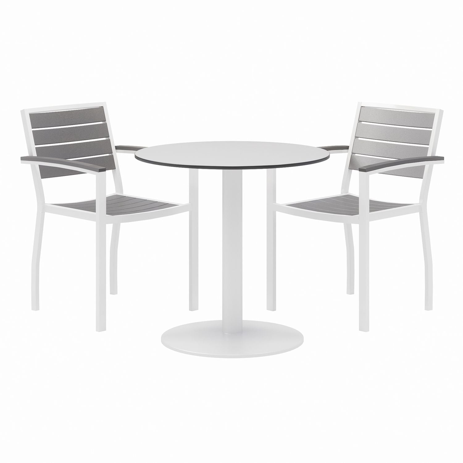 Eveleen Outdoor Patio Table with Two Gray Powder-Coated Polymer Chairs, 30" Dia x 29h, Designer White