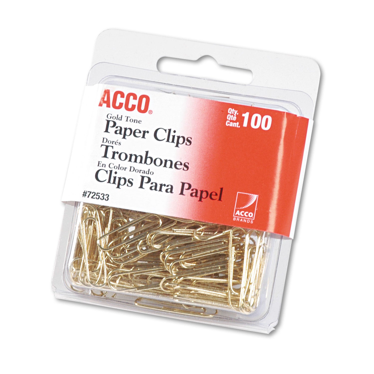 Gold Tone Paper Clips, #2, Smooth, Gold, 100/Box