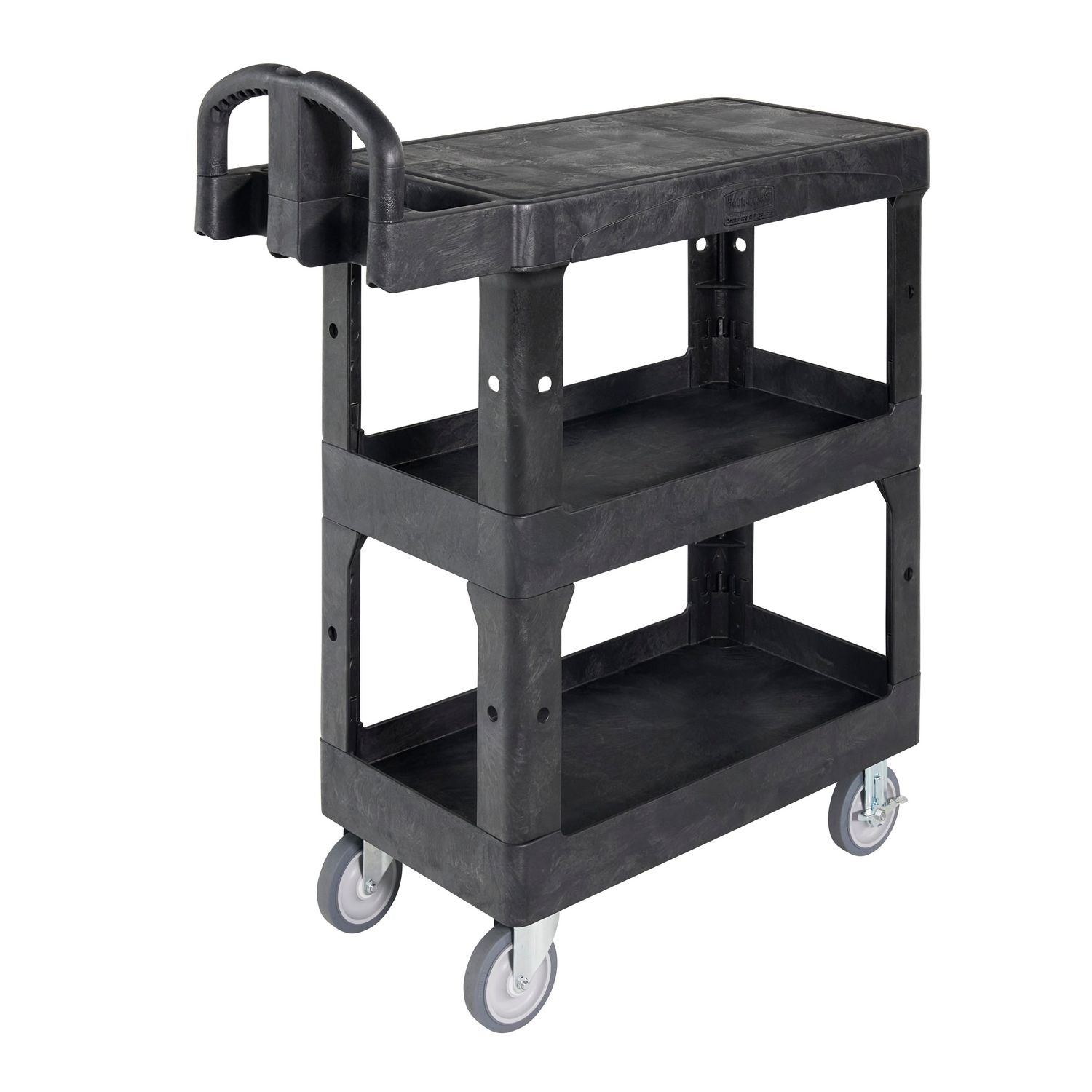 BRUTE 3-Shelf Heavy-Duty Ergo Flat Utility Cart, Resin, 3 Shelves, 600 lb Capacity, 25.24" x 48.63" x 46.18", Black Rubbermaid® Commercial Flipcost