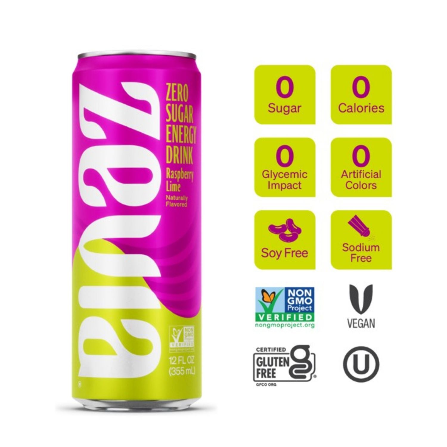 Zero Sugar Naturally Sweetened Energy Drink, Raspberry Lime, 12 oz Can, 12/Carton Zevia® Flipcost