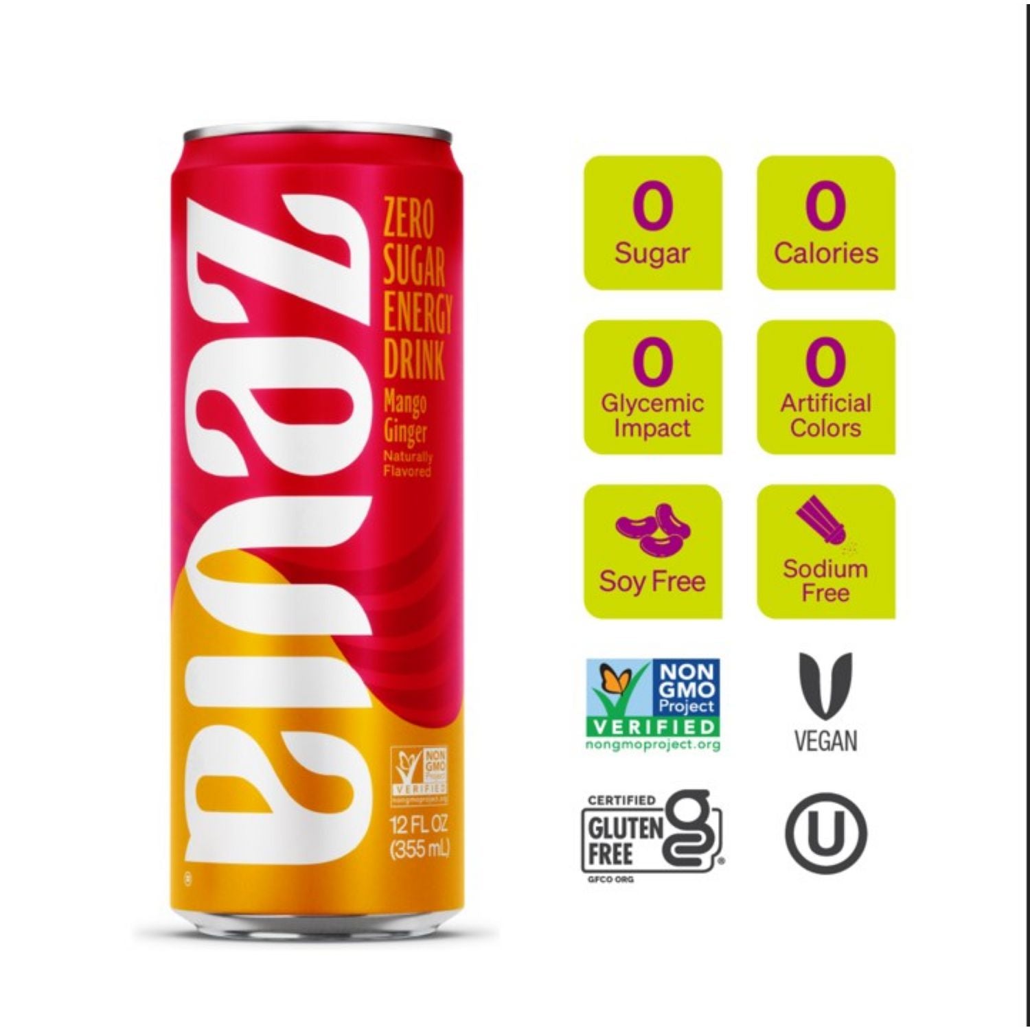 Zero Sugar Naturally Sweetened Energy Drink, Mango Ginger, 12 oz Can, 12/Carton Zevia® Flipcost