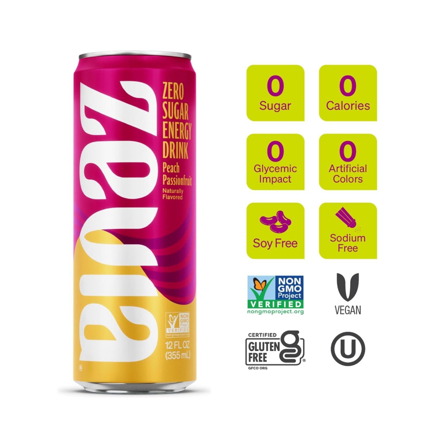 Zero Sugar Naturally Sweetened Energy Drink, Peach Passionfruit, 12 oz Can, 12/Carton Zevia® Flipcost