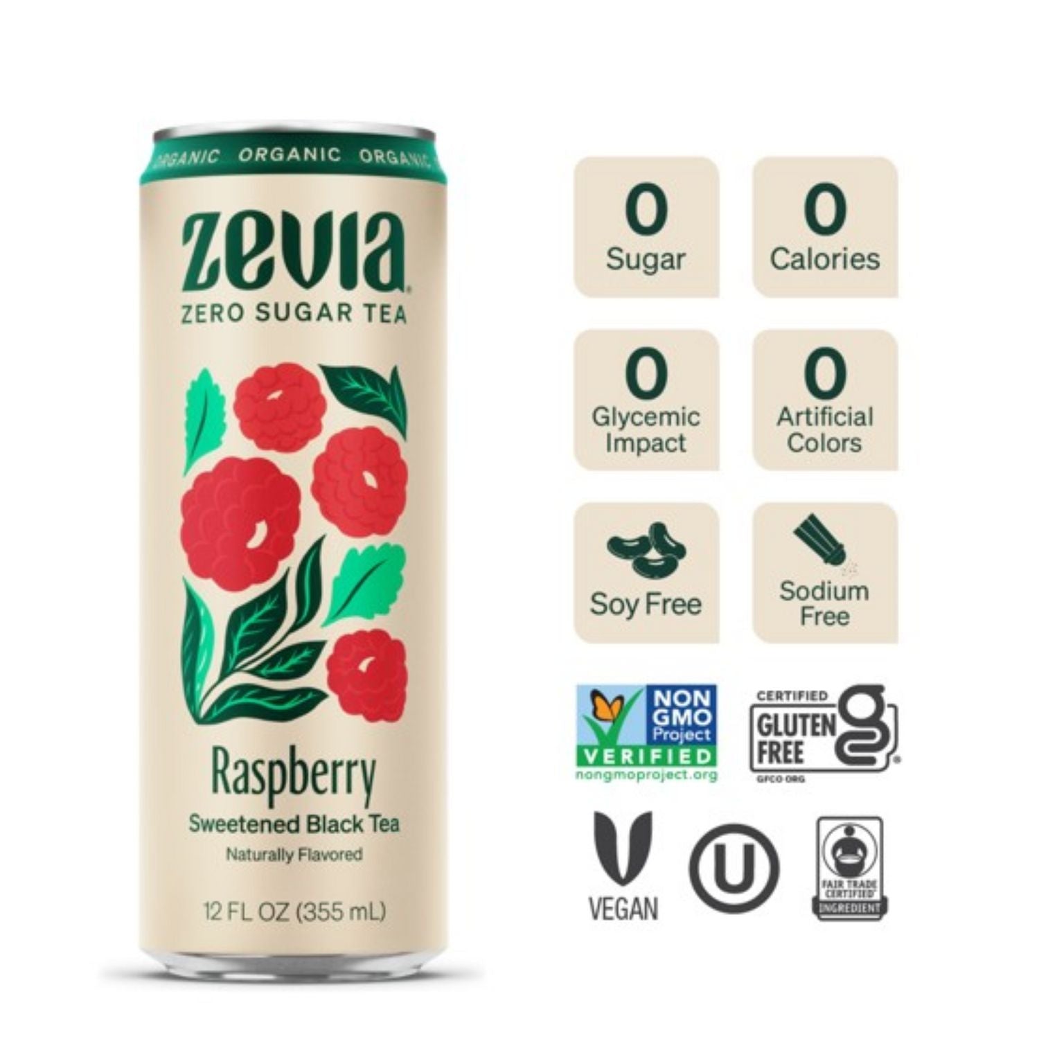 Zero Sugar Naturally Sweetened Black Tea, Raspberry, 12 oz Can, 12/Carton Zevia® Flipcost