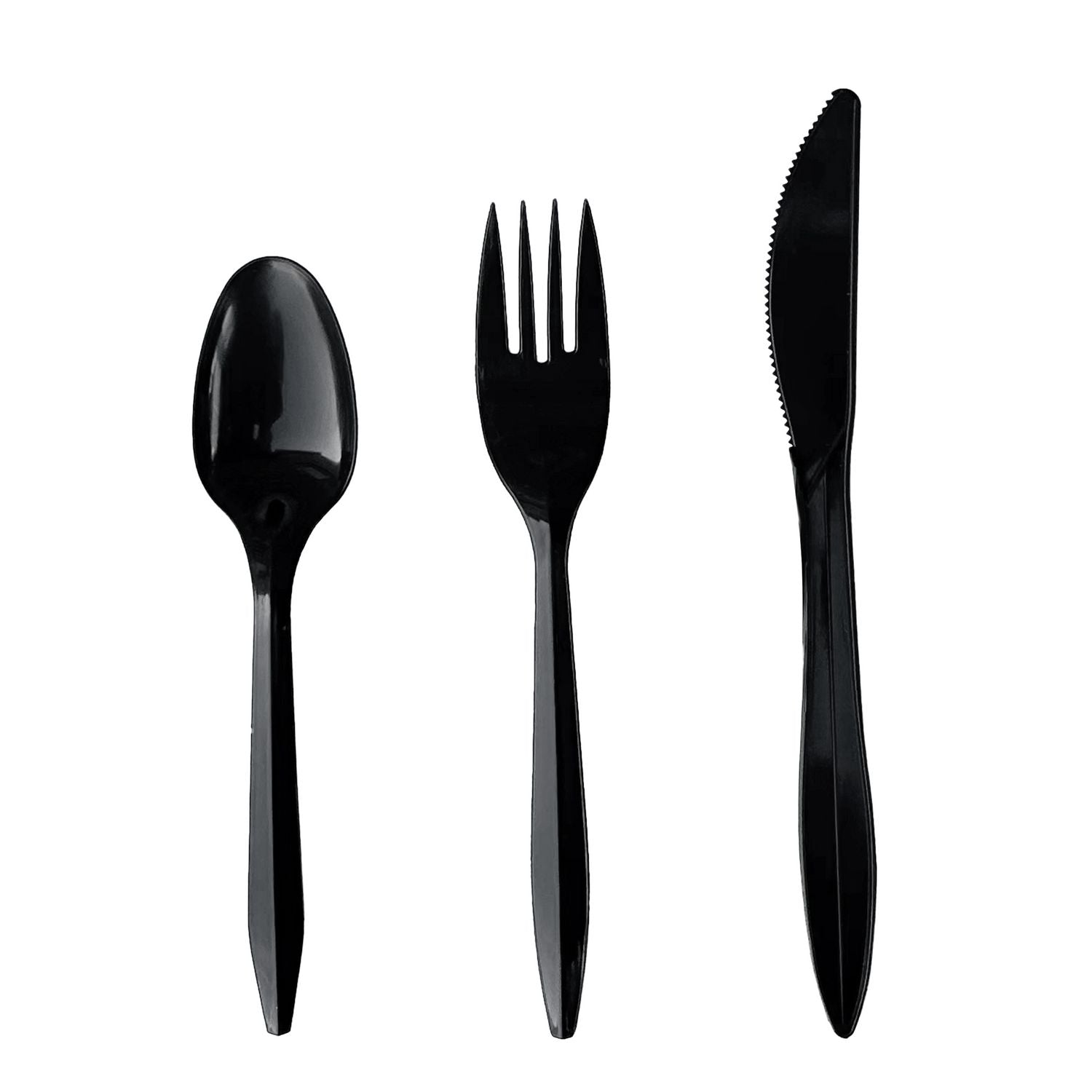 Four-Piece Cutlery Kit, Fork/Knife/Teaspoon/Napkin, Mediumweight, Black, 250/Carton Boardwalk® Flipcost