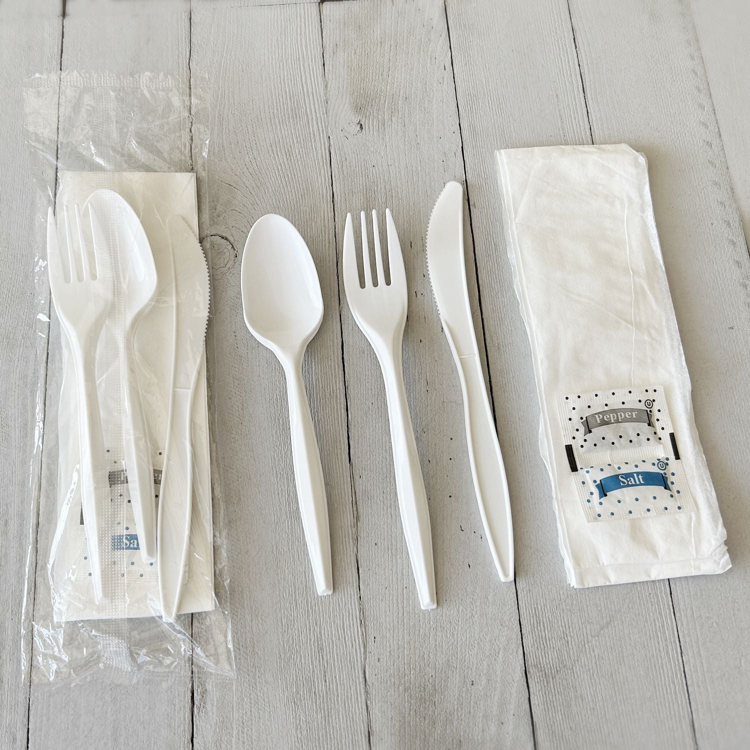 Six-Piece Cutlery Kit, Fork/Knife/Teaspoon/Napkin/Pepper/Salt, White, 1,000/Carton Boardwalk® Flipcost