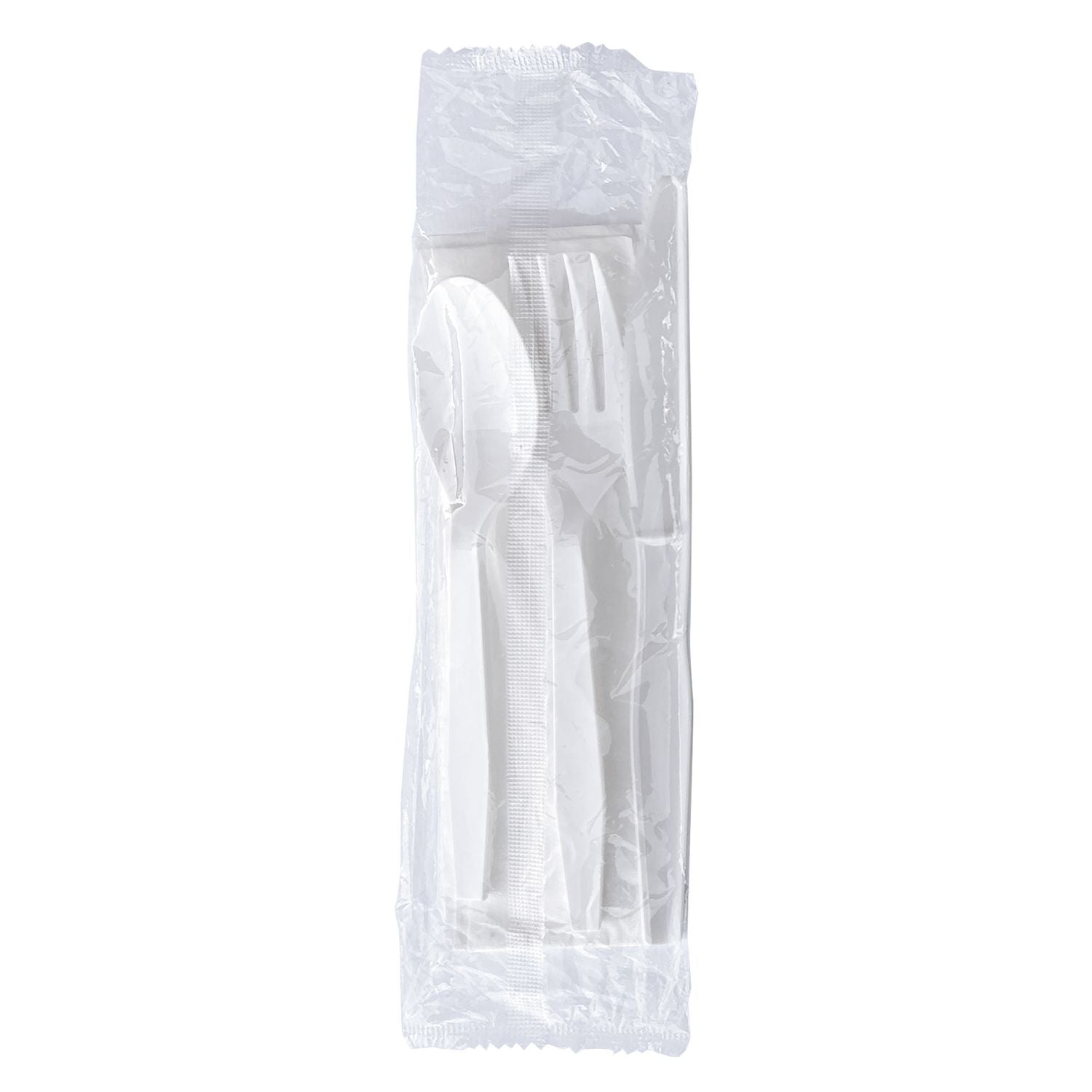 Four-Piece Cutlery Kit, Fork/Knife/Napkin/Teaspoon, Mediumweight, Polystyrene, White, 250/Carton Boardwalk® Flipcost