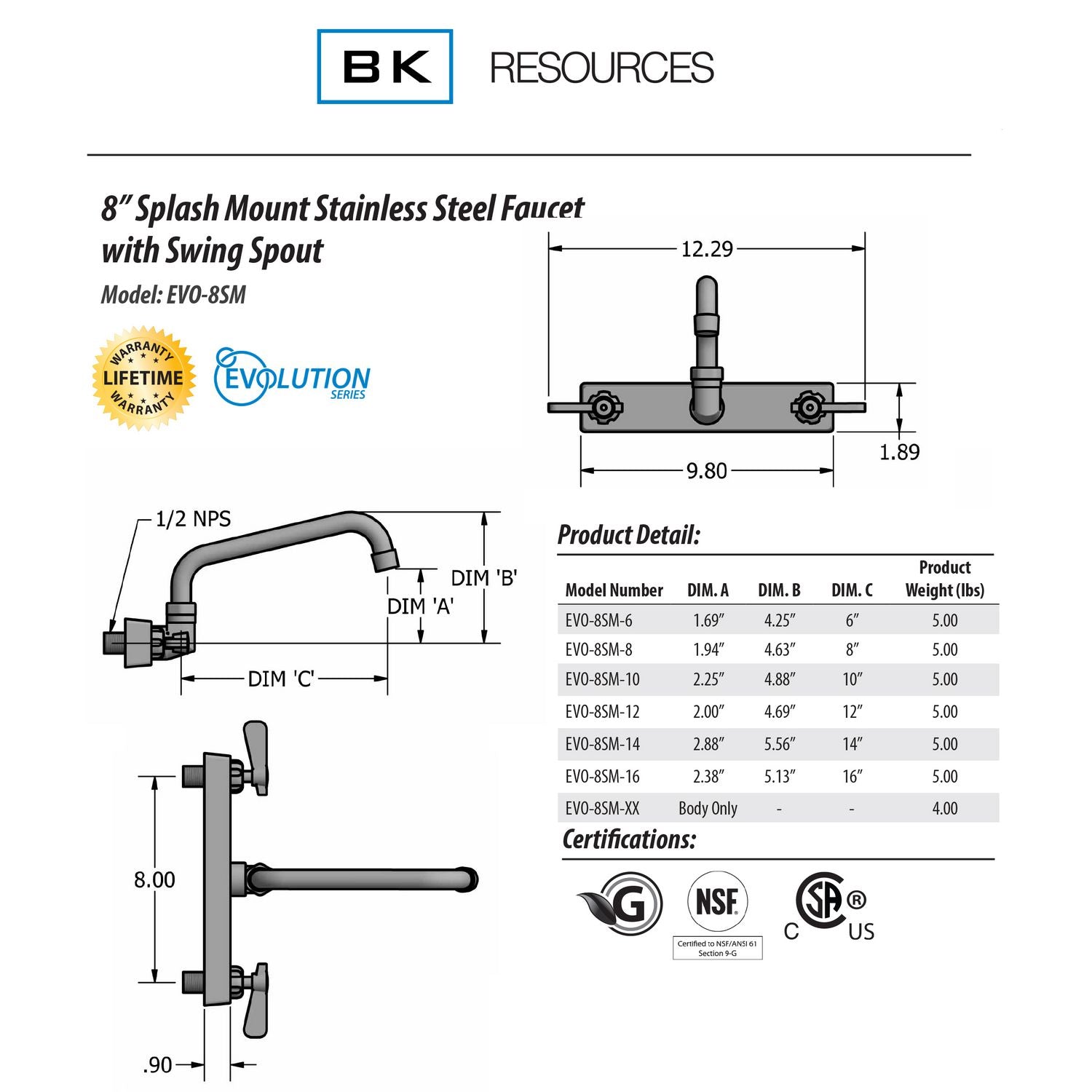 Evolution Splash Mount Stainless Steel Faucet, 4.63" Height, 8" Reach, Stainless Steel BK Resources Flipcost