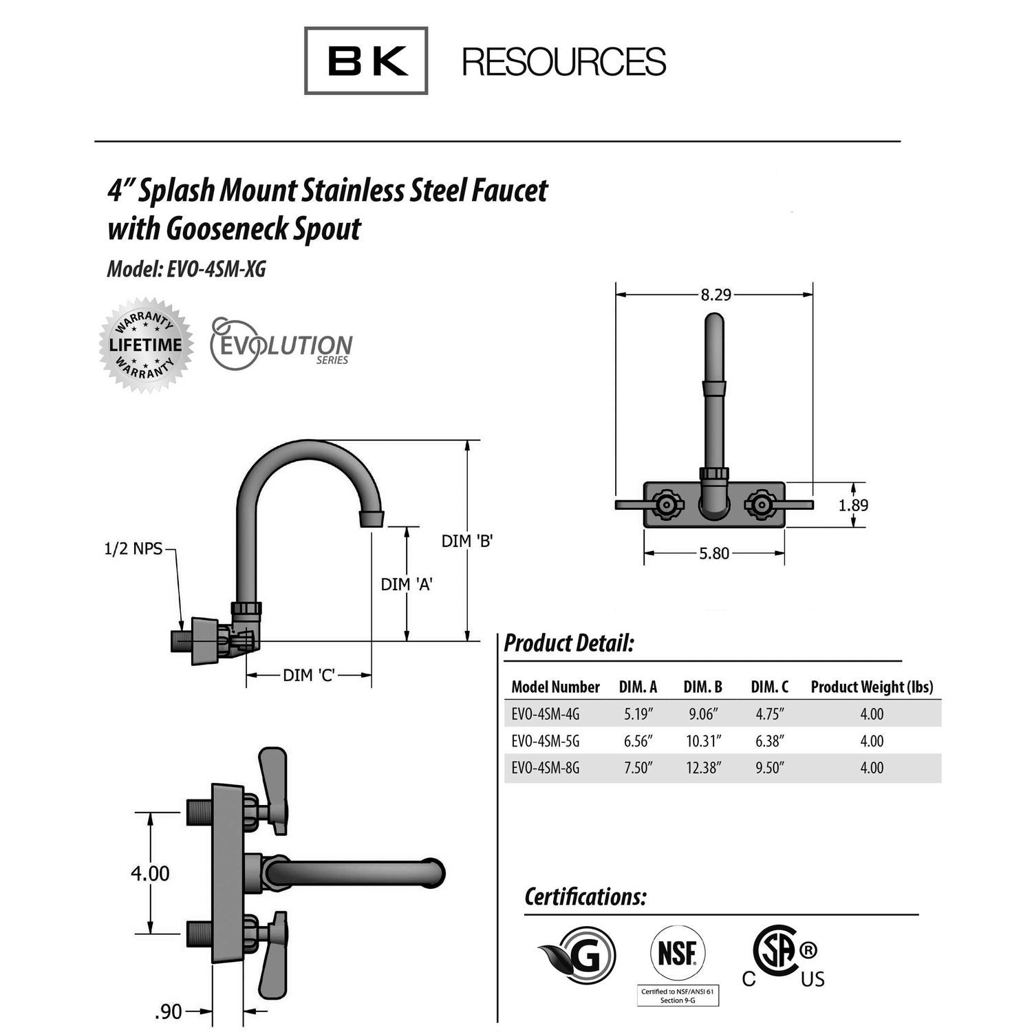 Evolution Splash Mount Stainless Steel Faucet, 9.06" Height/4.5" Reach, Stainless Steel BK Resources Flipcost