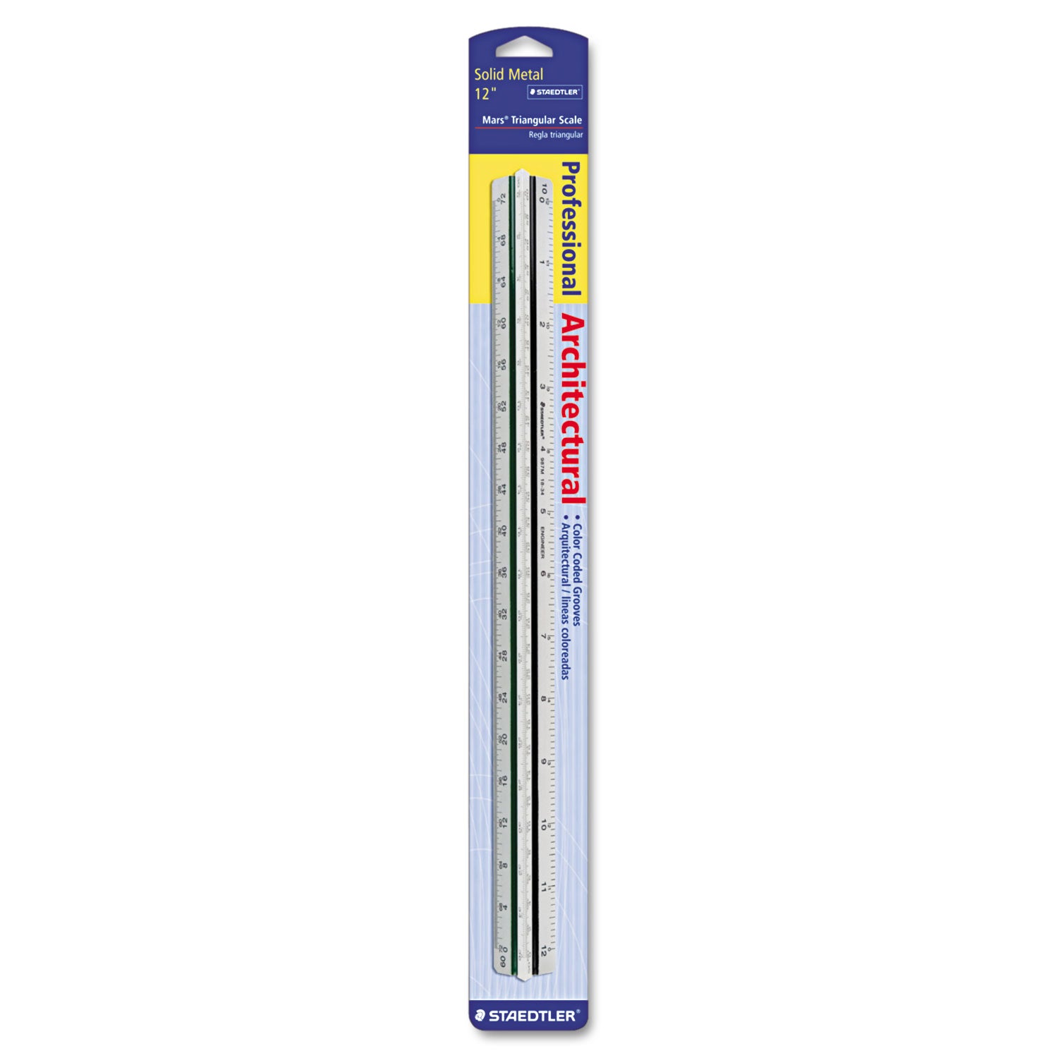 Triangular Scale for Architects, Color-Coded Grooves, 12" Long, Plastic, White, Blister Pack