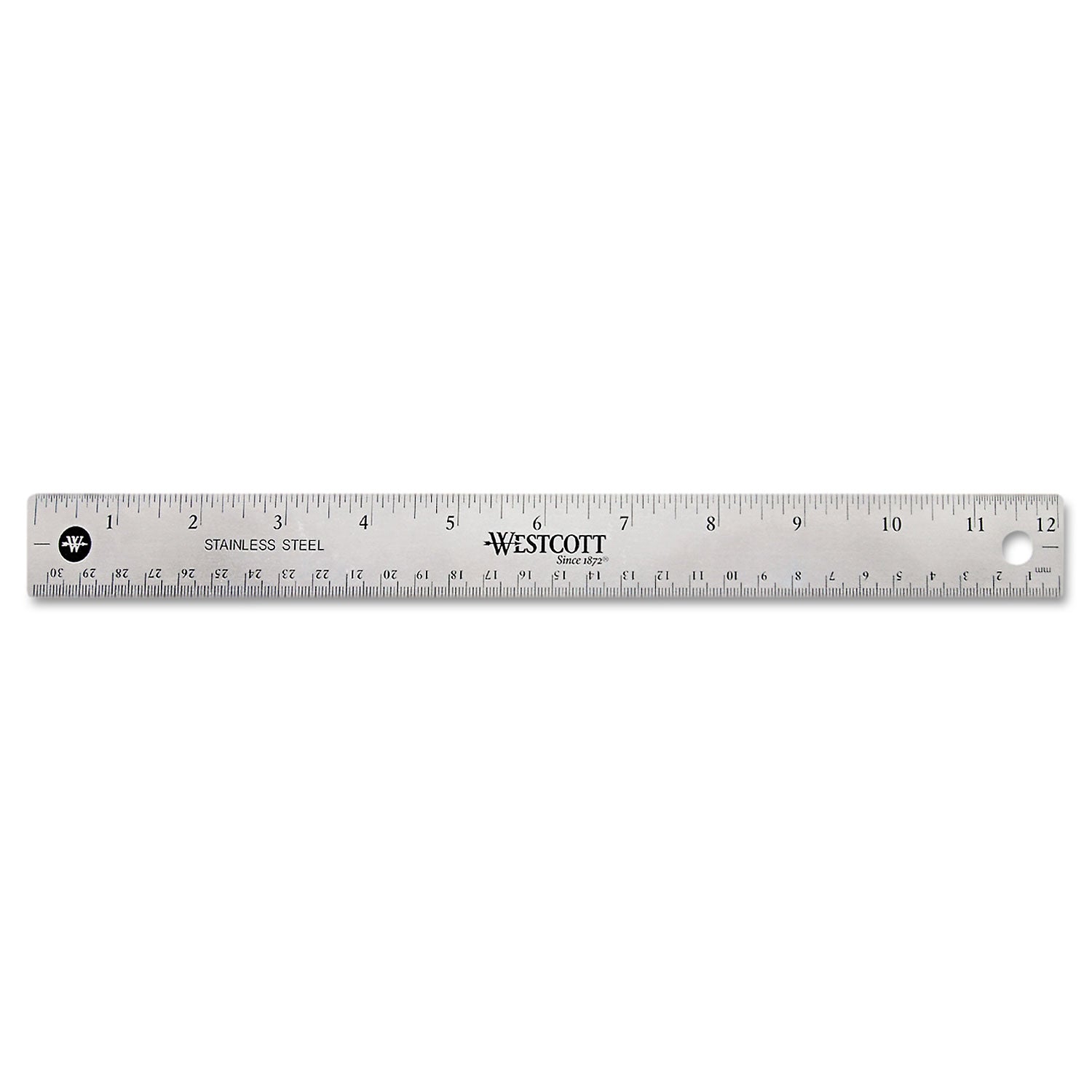 Westcott® Stainless Steel Office Ruler With Non Slip Cork Base, Standard/Metric, 12" Long