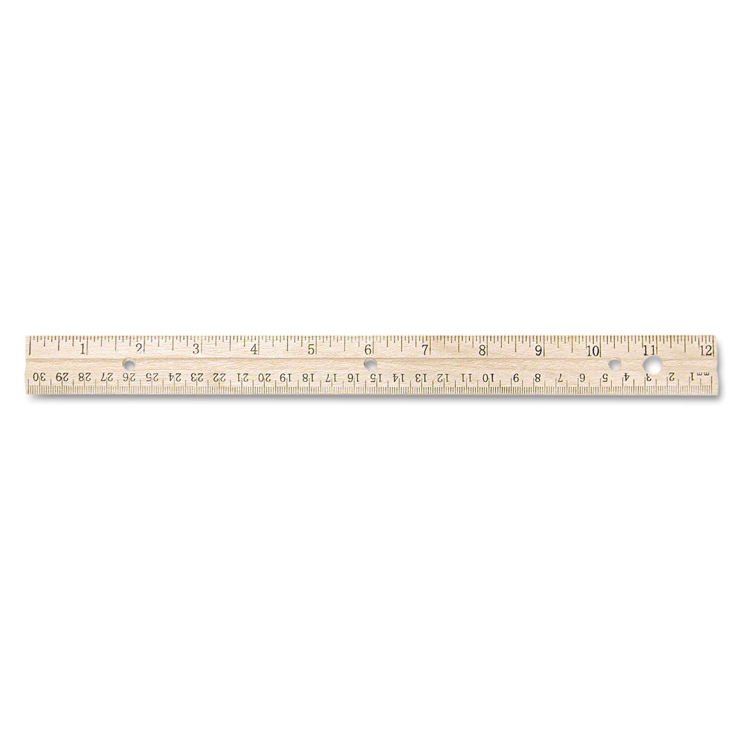 Three-Hole Punched Wood Ruler English and Metric With Metal Edge, 12" Long