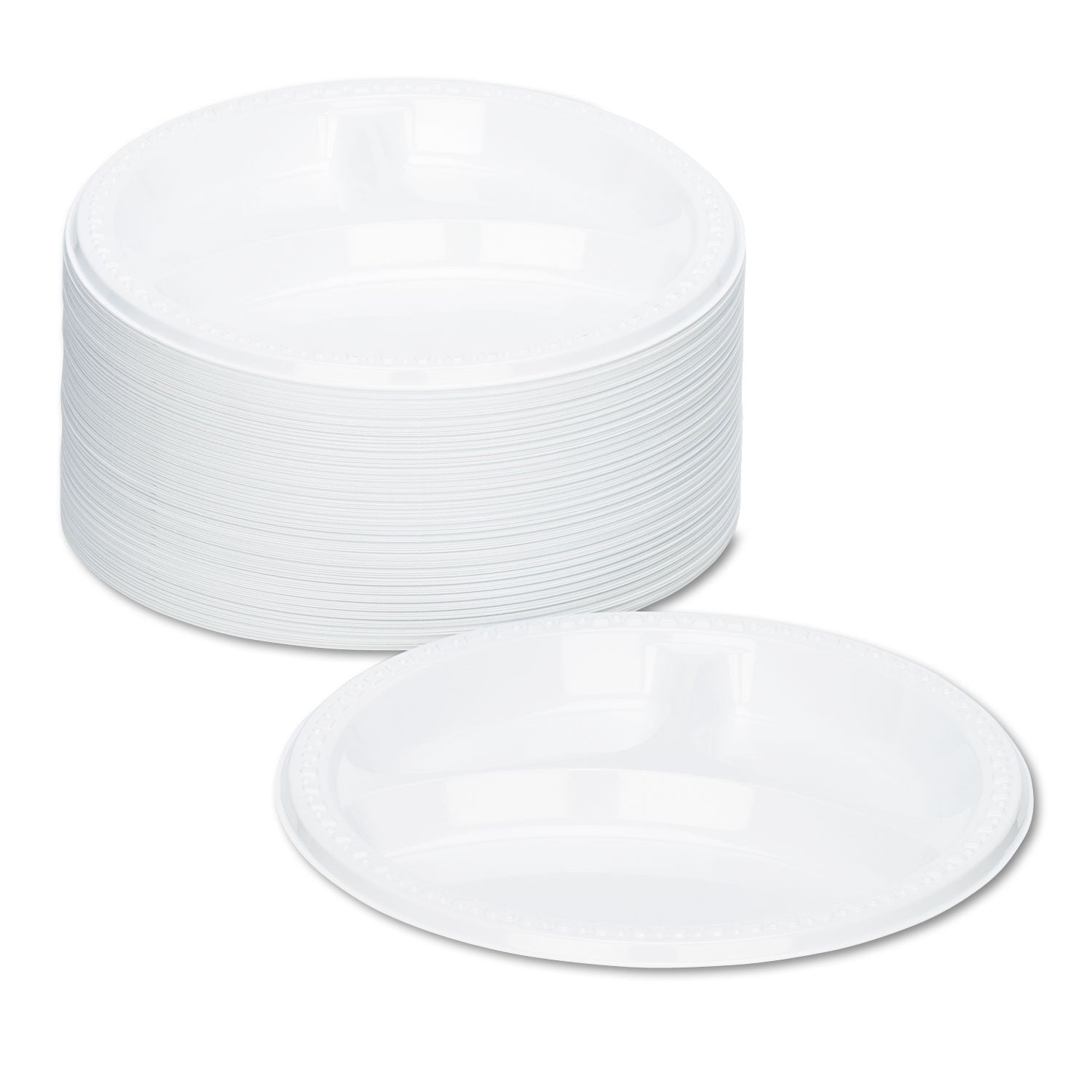 Tablemate® Plastic Dinnerware, Compartment Plates, 9" dia, White, 125/Pack