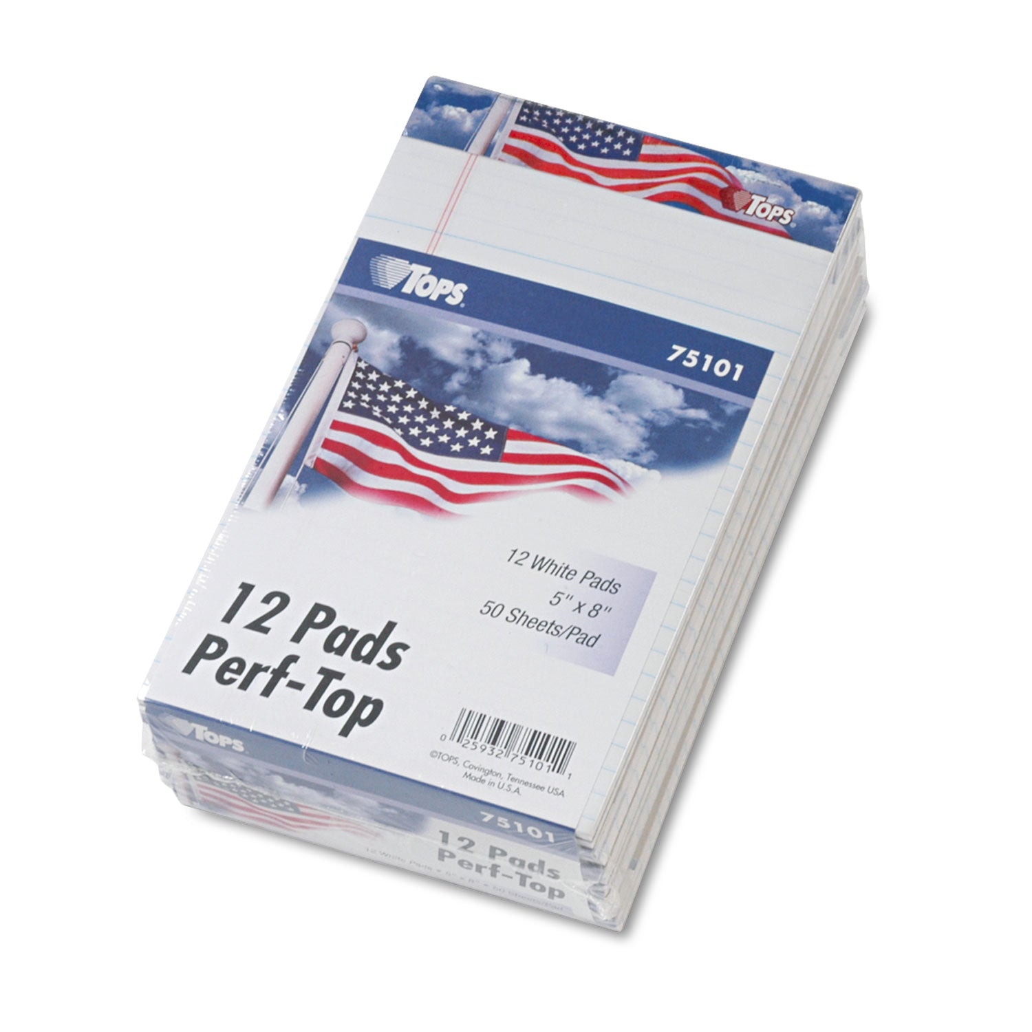 TOPS™ American Pride Writing Pad, Narrow Rule, Red/White/Blue Headband, 50 White 5 x 8 Sheets, 12/Pack