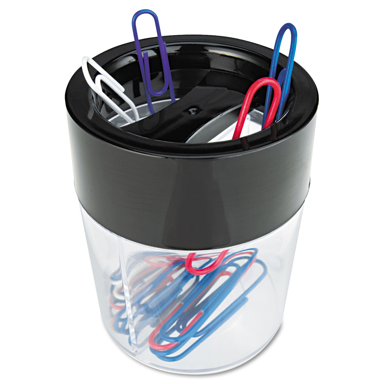 Round Magnetic Clip Dispenser, 2 Compartments, Plastic, 2.5" Diameter x 3"h, Black/Clear