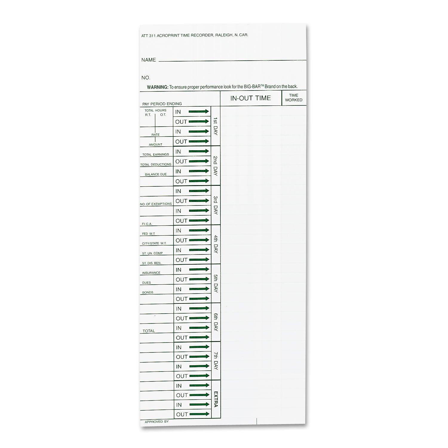 Time Clock Cards for Acroprint ATT310, One Side, 4 x 10, 200/Pack