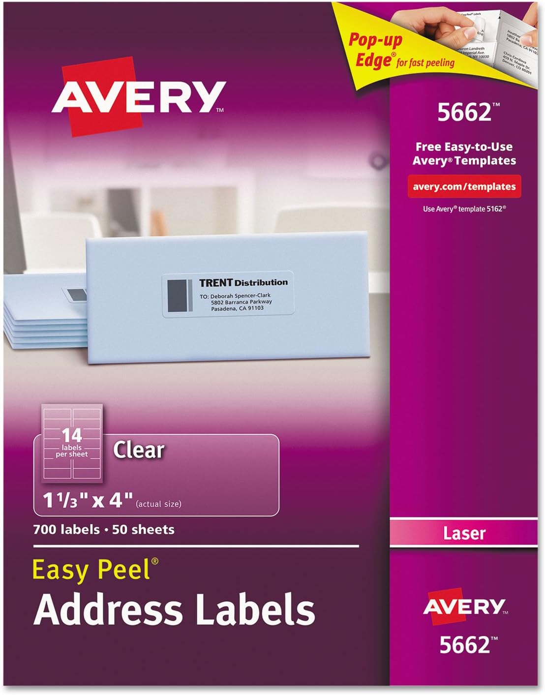 Avery® Matte Clear Easy Peel Mailing Labels w/ Sure Feed Technology, Laser Printers, 1.33 x 4, Clear, 14/Sheet, 50 Sheets/Box