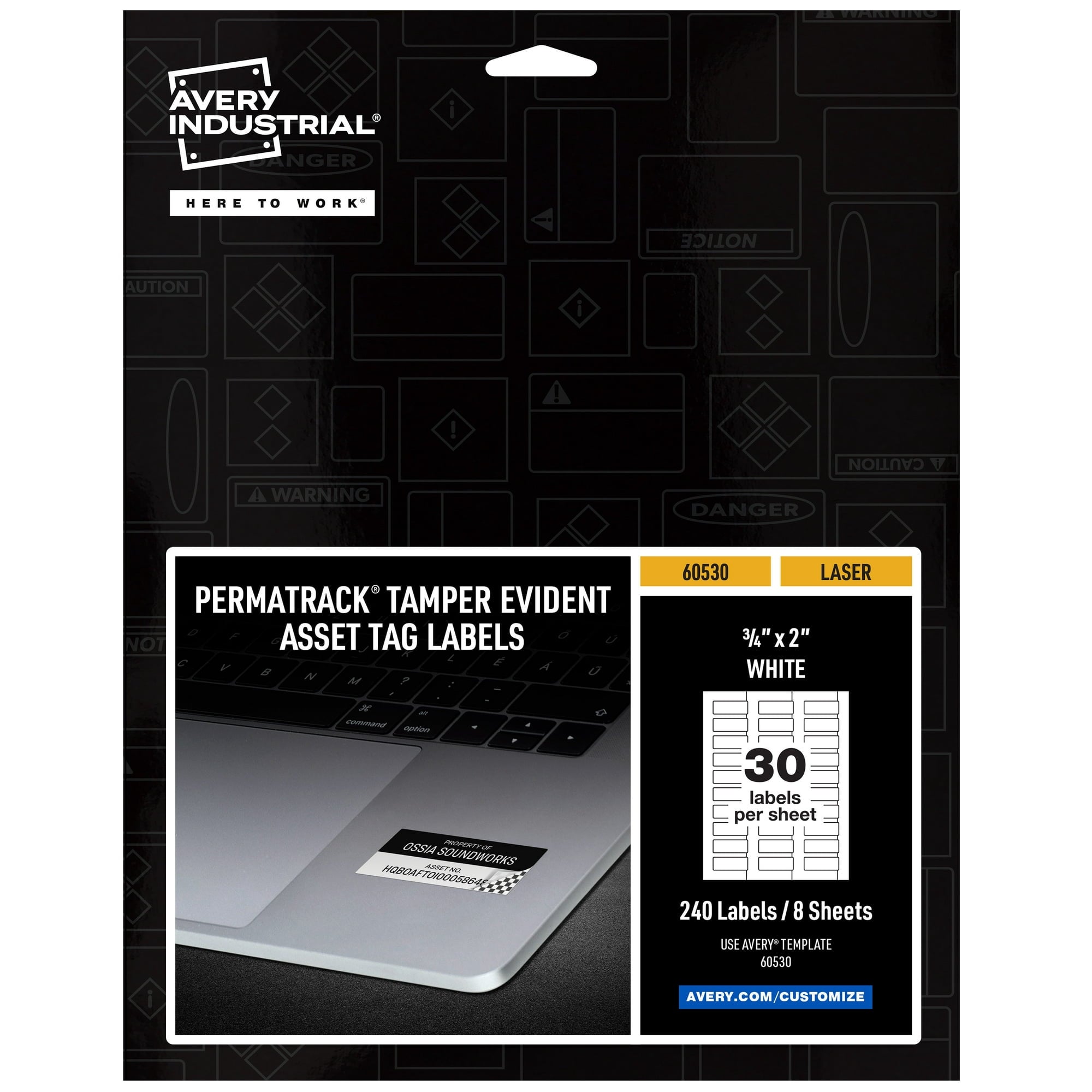 Avery® PermaTrack Tamper-Evident Asset Tag Labels, Laser Printers, 0.75 x 2, White, 30/Sheet, 8 Sheets/Pack