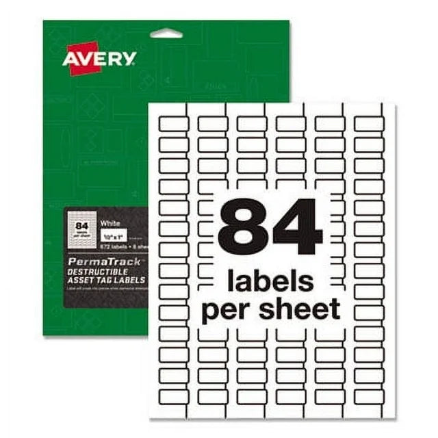 Avery® PermaTrack Tamper-Evident Asset Tag Labels, Laser Printers, 0.5 x 1, White, 84/Sheet, 8 Sheets/Pack