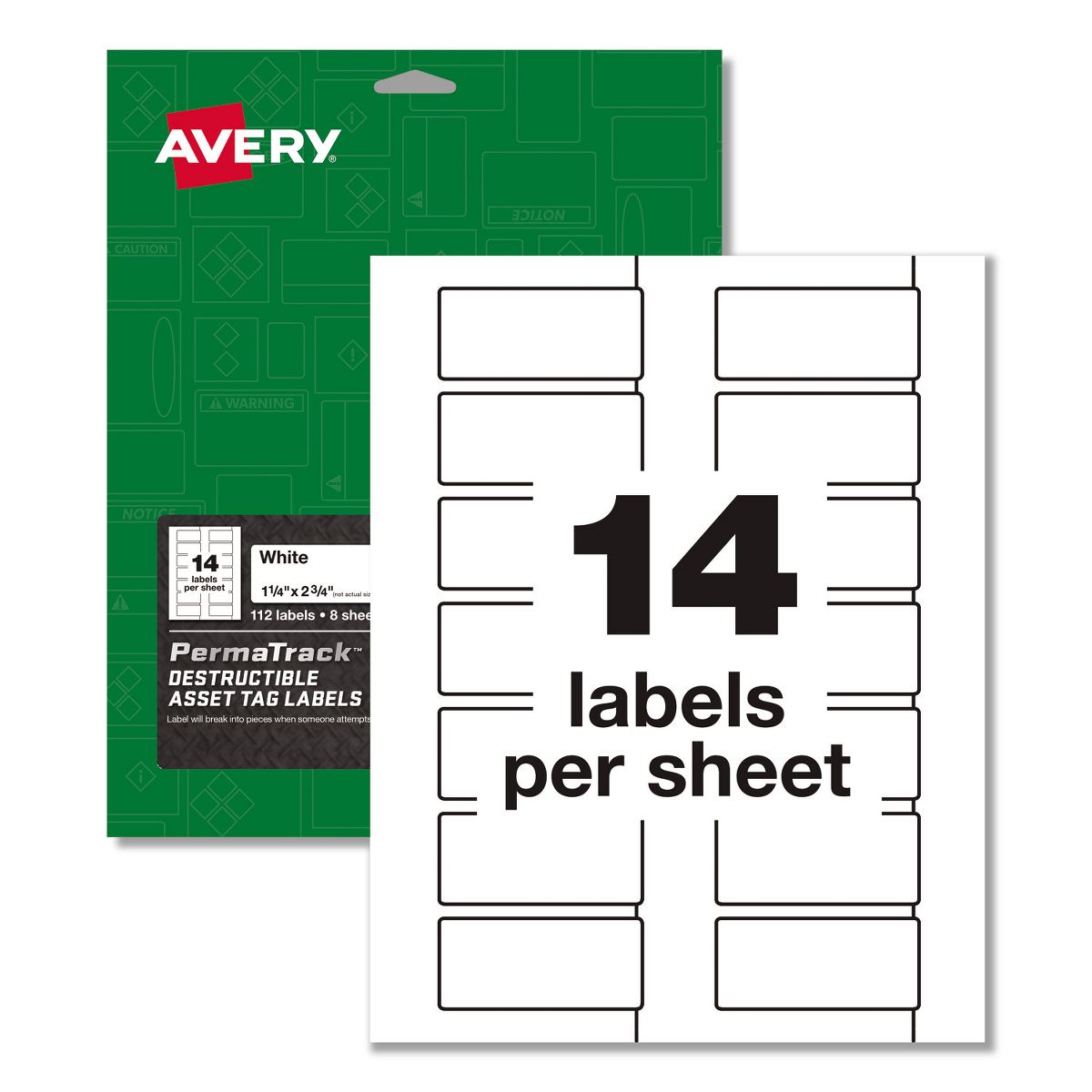 Avery® PermaTrack Durable White Asset Tag Labels, Laser Printers, 1.25 x 2.75, White, 14/Sheet, 8 Sheets/Pack