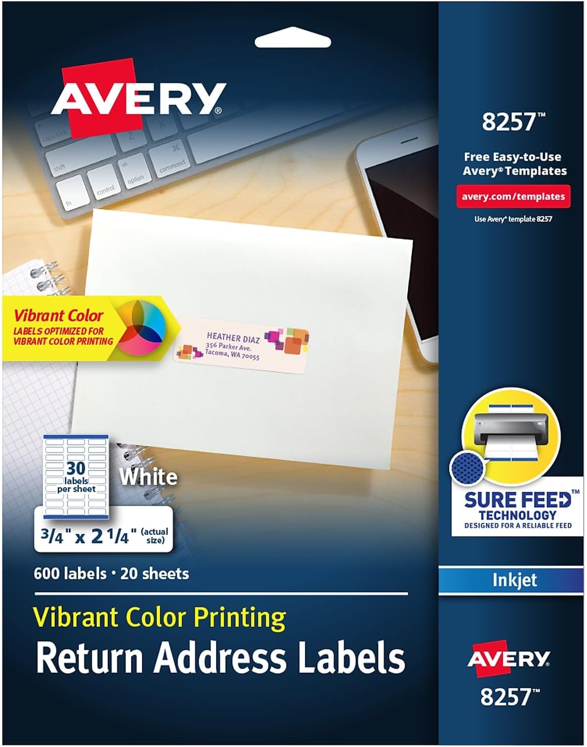 Avery® Vibrant Color Printing Mailing Labels, Inkjet Printers, 0.75 x 2.25, Matte White, 30/Sheet, 20 Sheets/Pack