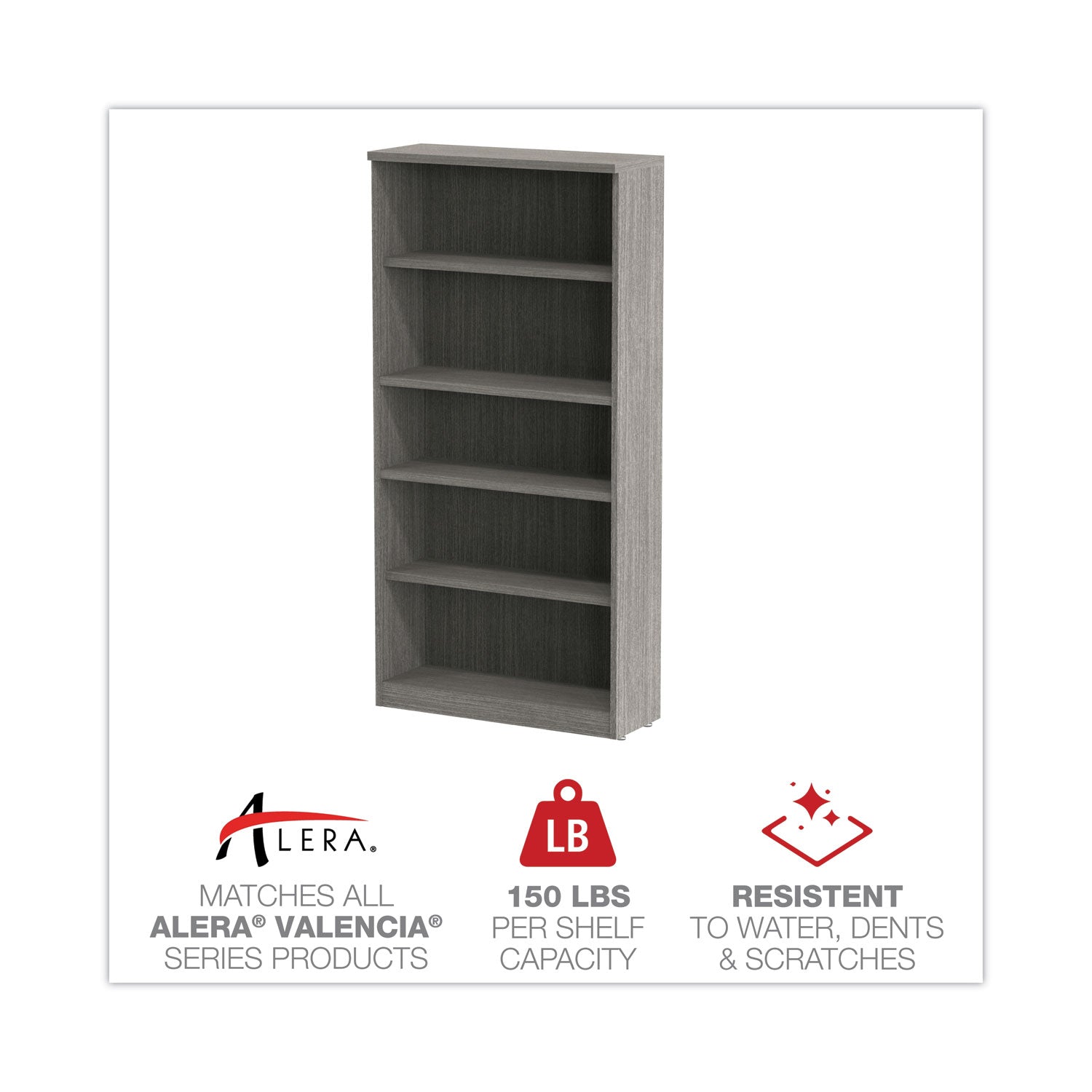 Alera® Alera Valencia Series Bookcase, Five-Shelf, 31.75w x 14d x 64.75h, Gray