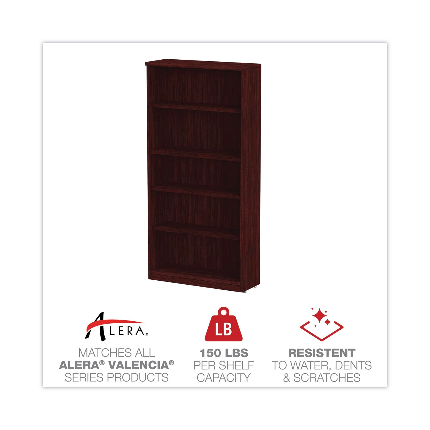 Alera® Alera Valencia Series Bookcase, Five-Shelf, 31.75w x 14d x 64.75h, Mahogany