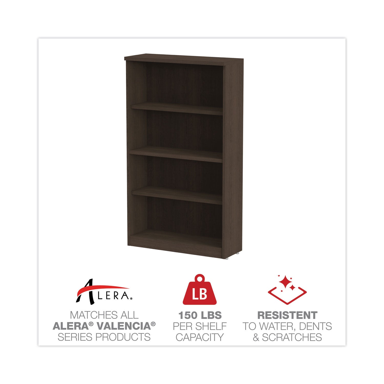 Alera® Alera Valencia Series Bookcase, Four-Shelf, 31.75w x 14d x 54.88h, Espresso