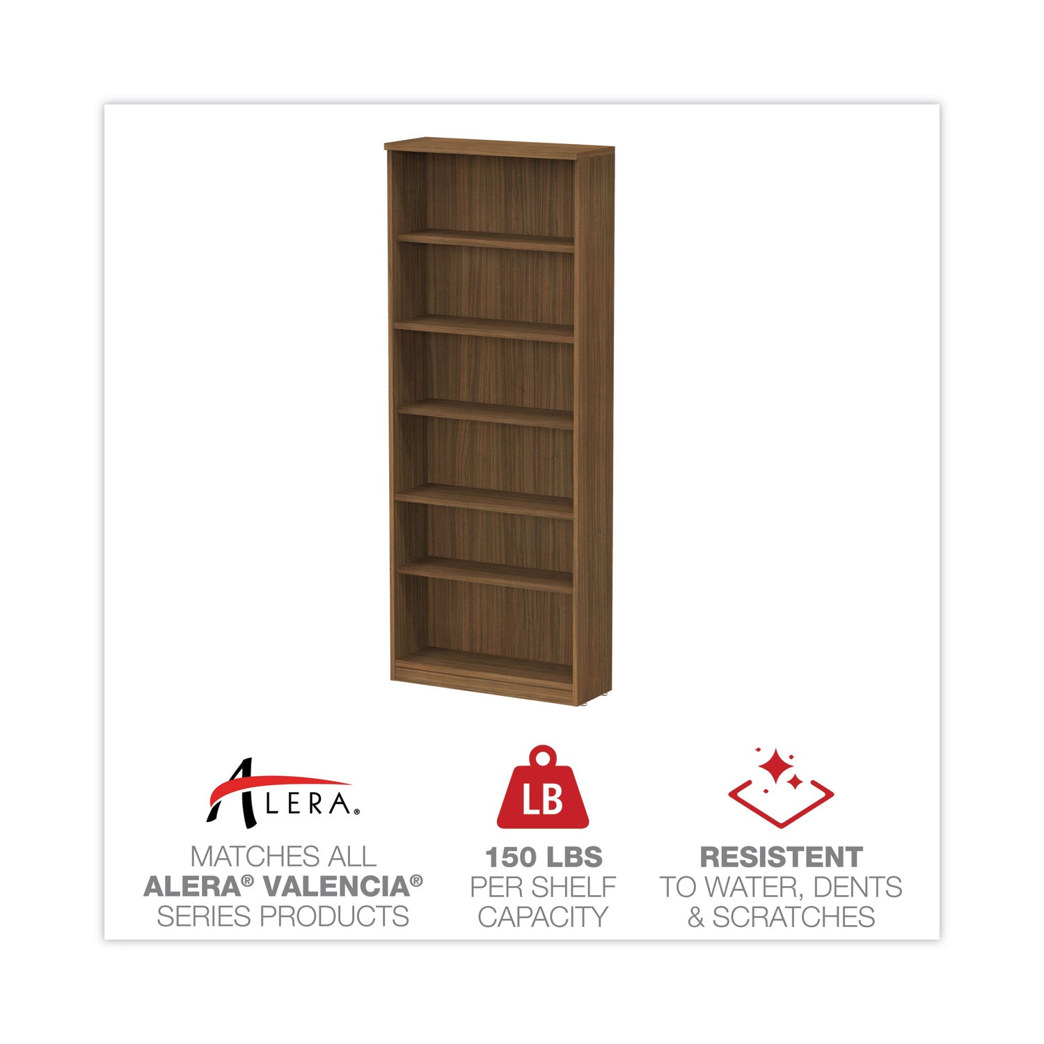 Alera® Alera Valencia Series Bookcase, Six-Shelf, 31.75w x 14d x 80.25h, Modern Walnut