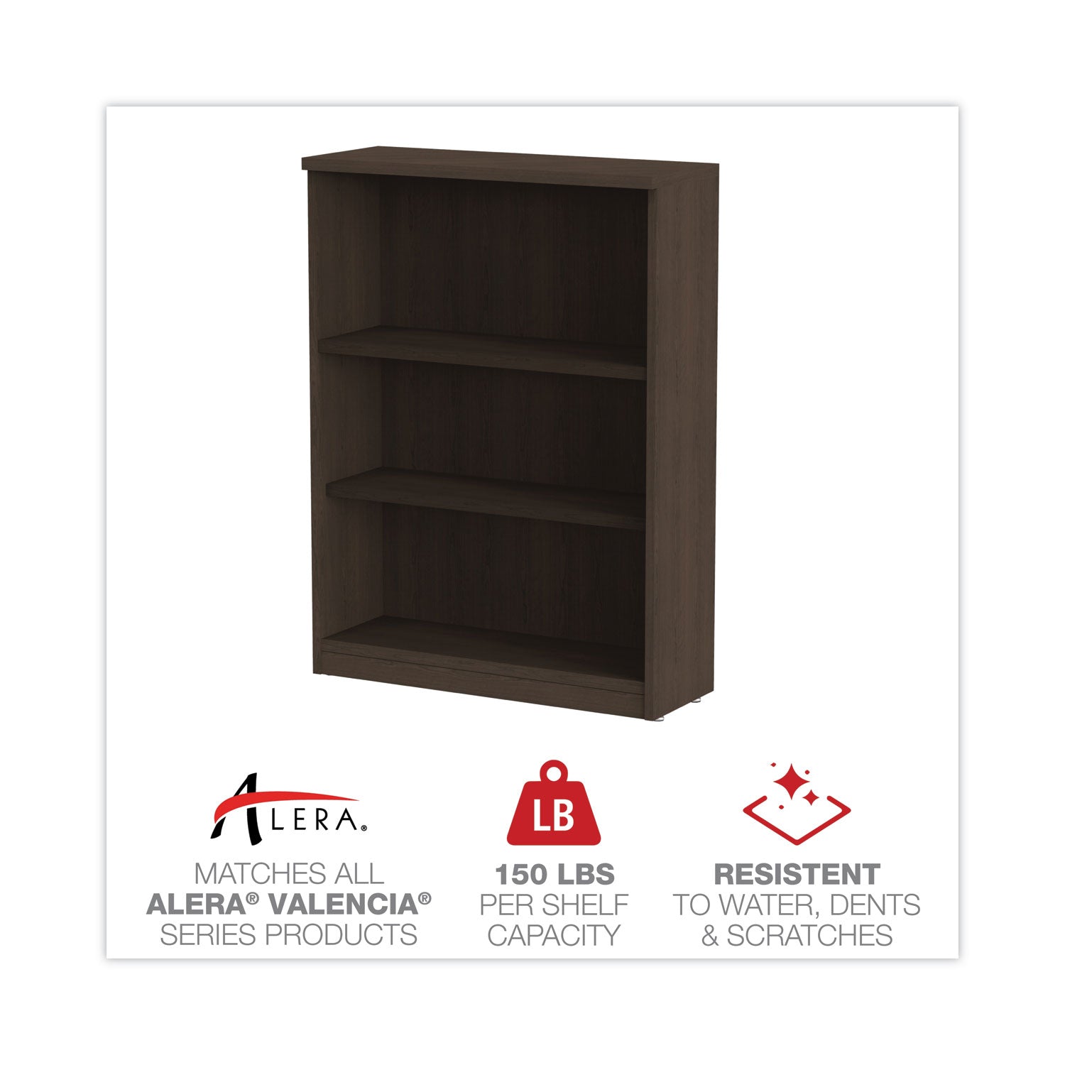 Alera® Alera Valencia Series Bookcase, Three-Shelf, 31.75w x 14d x 39.38h, Espresso