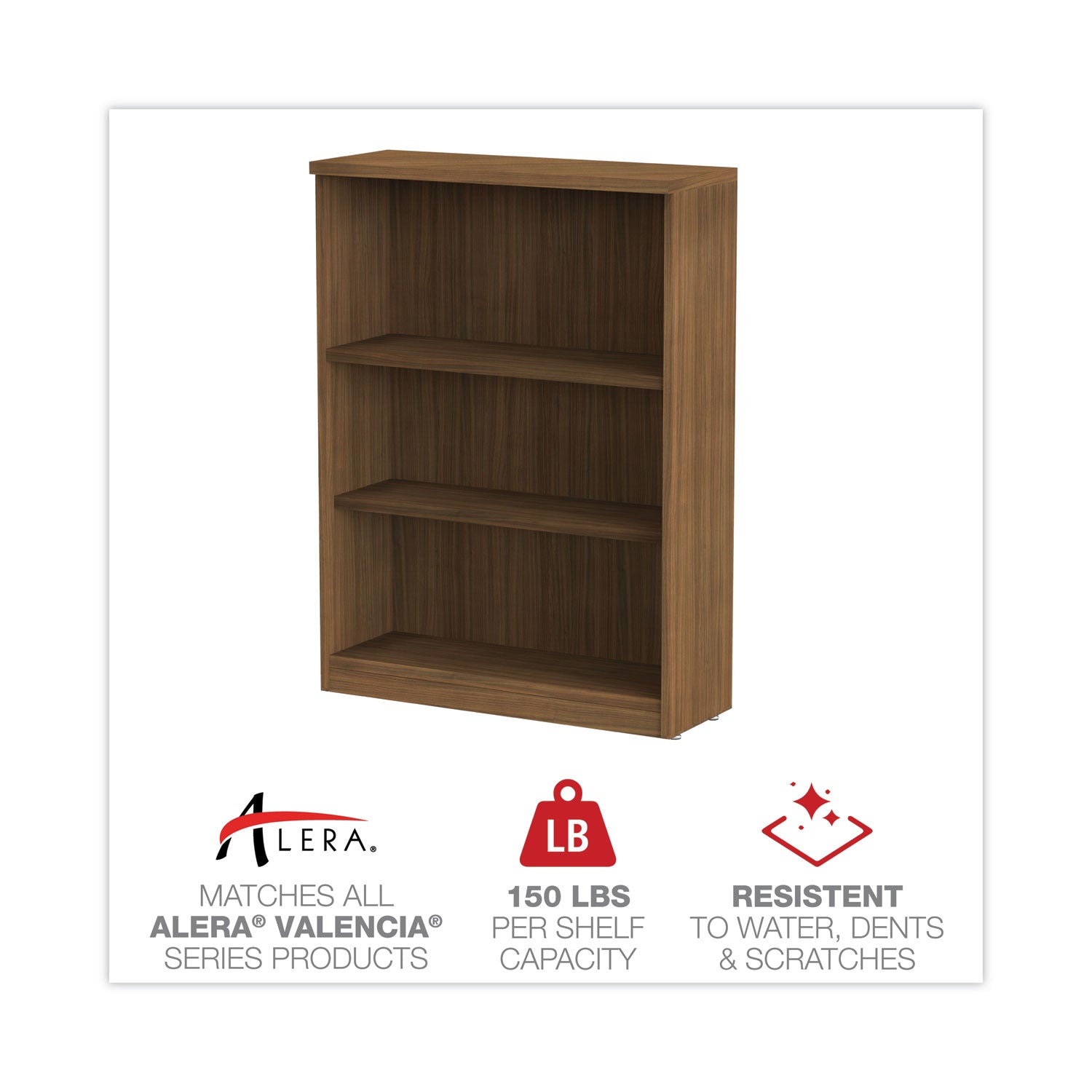 Alera® Alera Valencia Series Bookcase, Three-Shelf, 31.75w x 14d x 39.38h, Modern Walnut