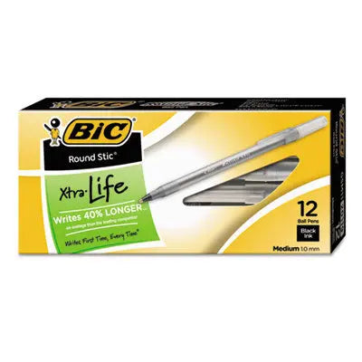BIC CORP. Round Stic Xtra Life Ballpoint Pen, Stick, Medium 1 mm, Black Ink, Translucent Black Barrel, Dozen Flipcost Flipcost
