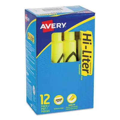 Avery® HI-LITER Desk-Style Highlighters, Fluorescent Yellow Ink, Chisel Tip, Yellow/Black Barrel, Dozen Flipcost Flipcost