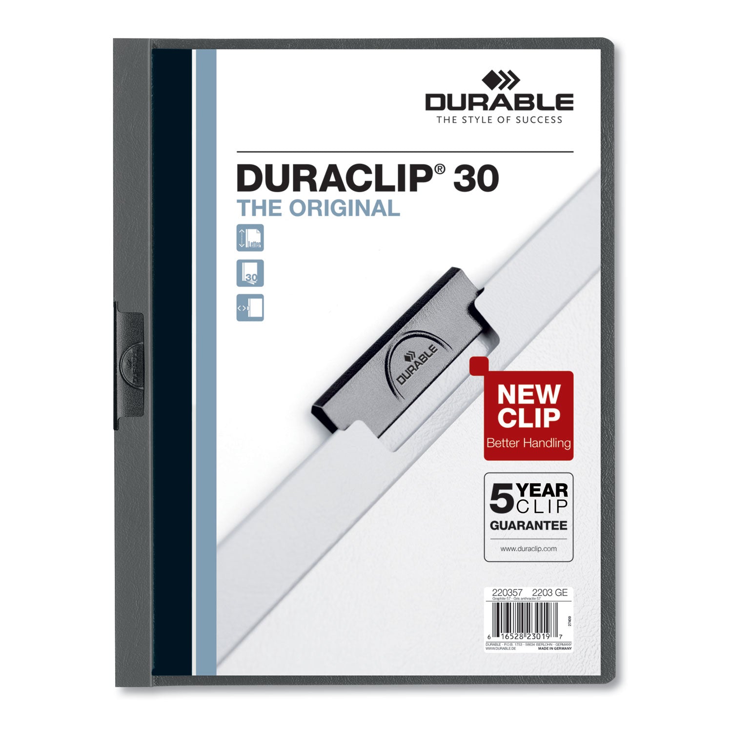 Durable® DuraClip Report Cover, Clip Fastener, 8.5 x 11,  Clear/Graphite, 25/Box