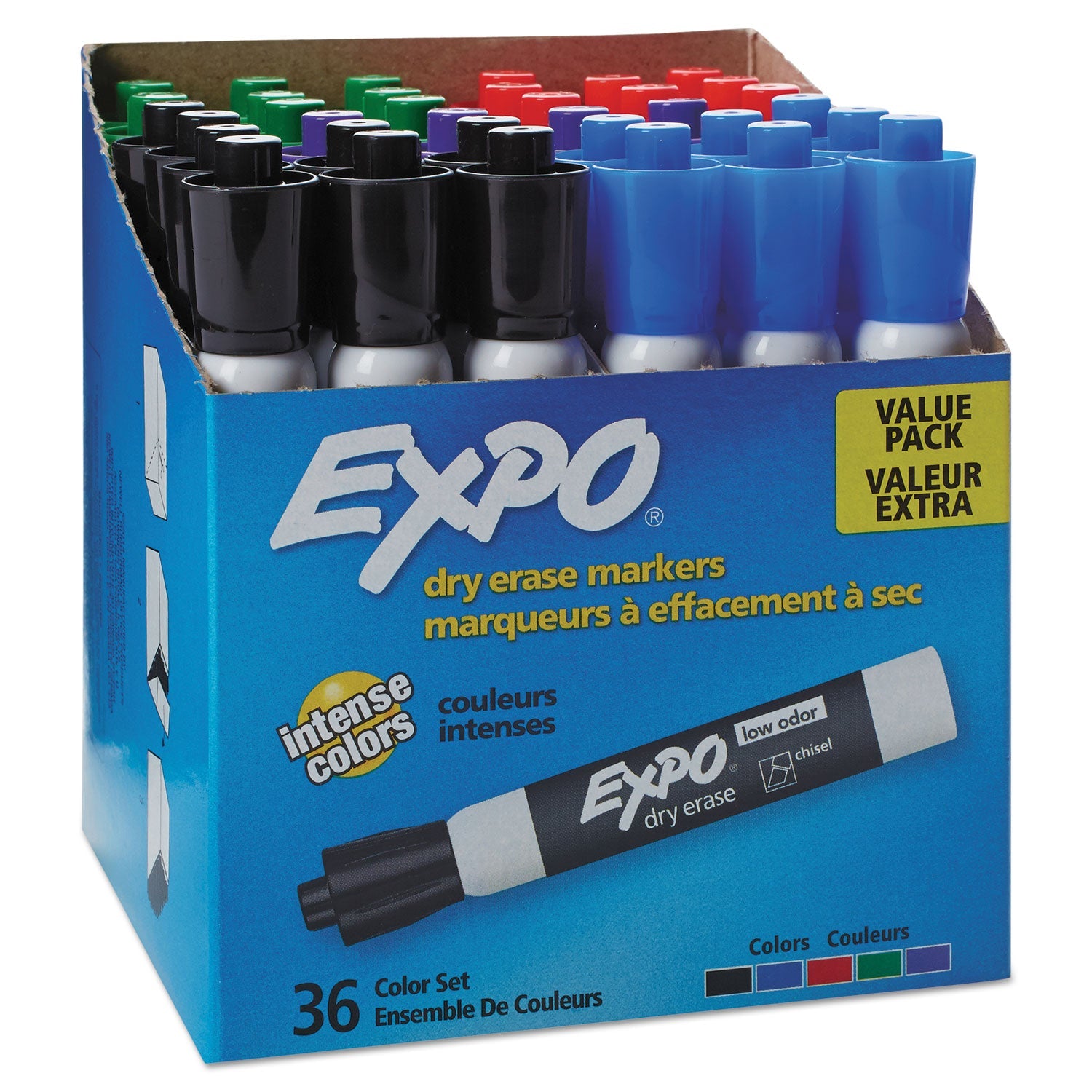 EXPO® Low-Odor Dry-Erase Marker Value Pack, Broad Chisel Tip, Assorted Colors, 36/Box