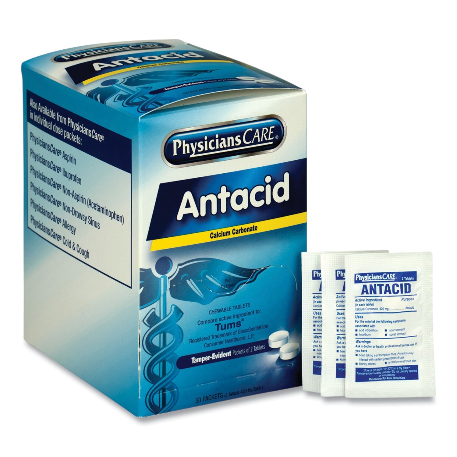 PhysiciansCare® Antacid Calcium Carbonate Medication, Two-Pack, 50 Packs/Box